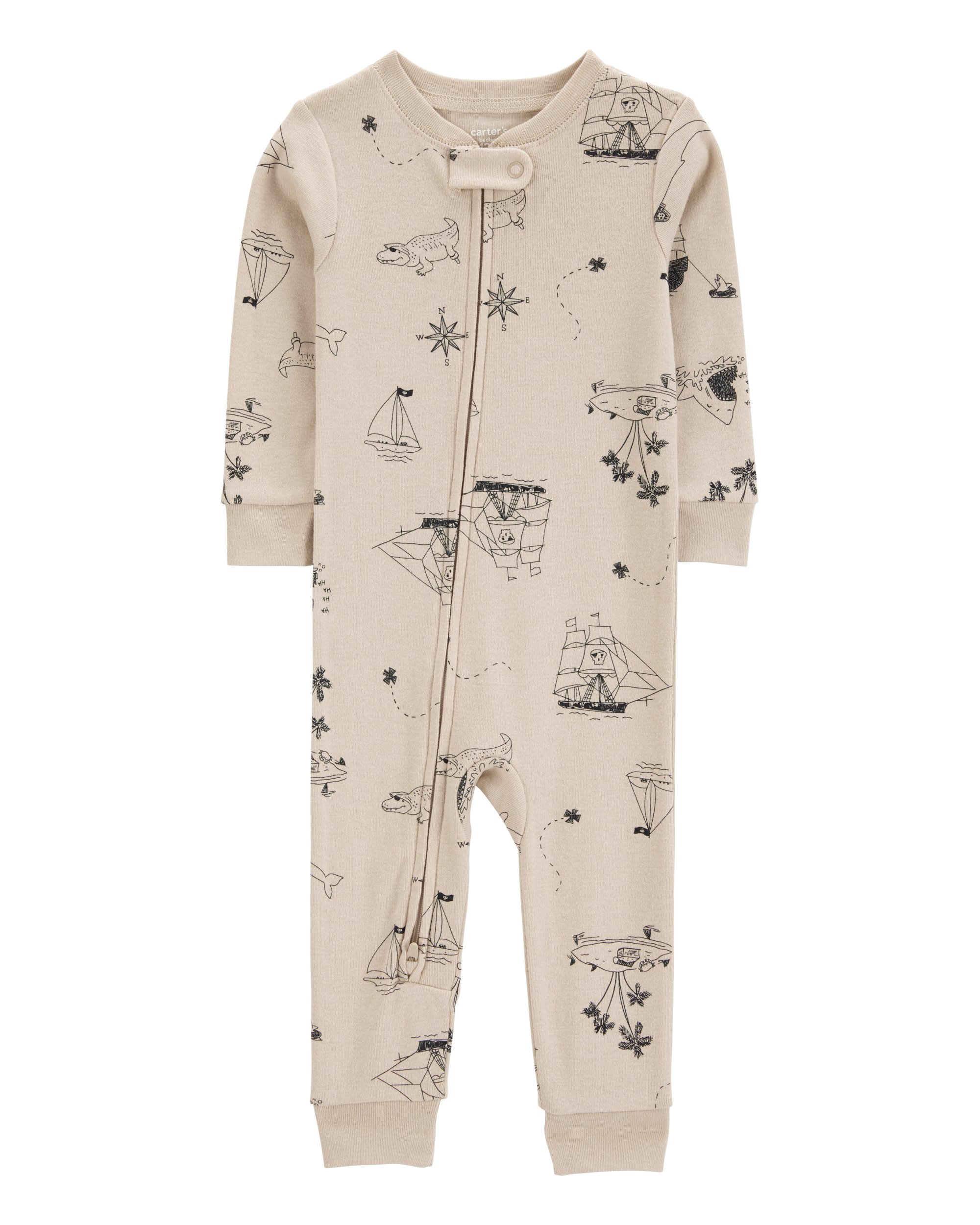 Baby Pirate Print Snug Fit Cotton Footless 1-Piece Pyjamas - Khaki