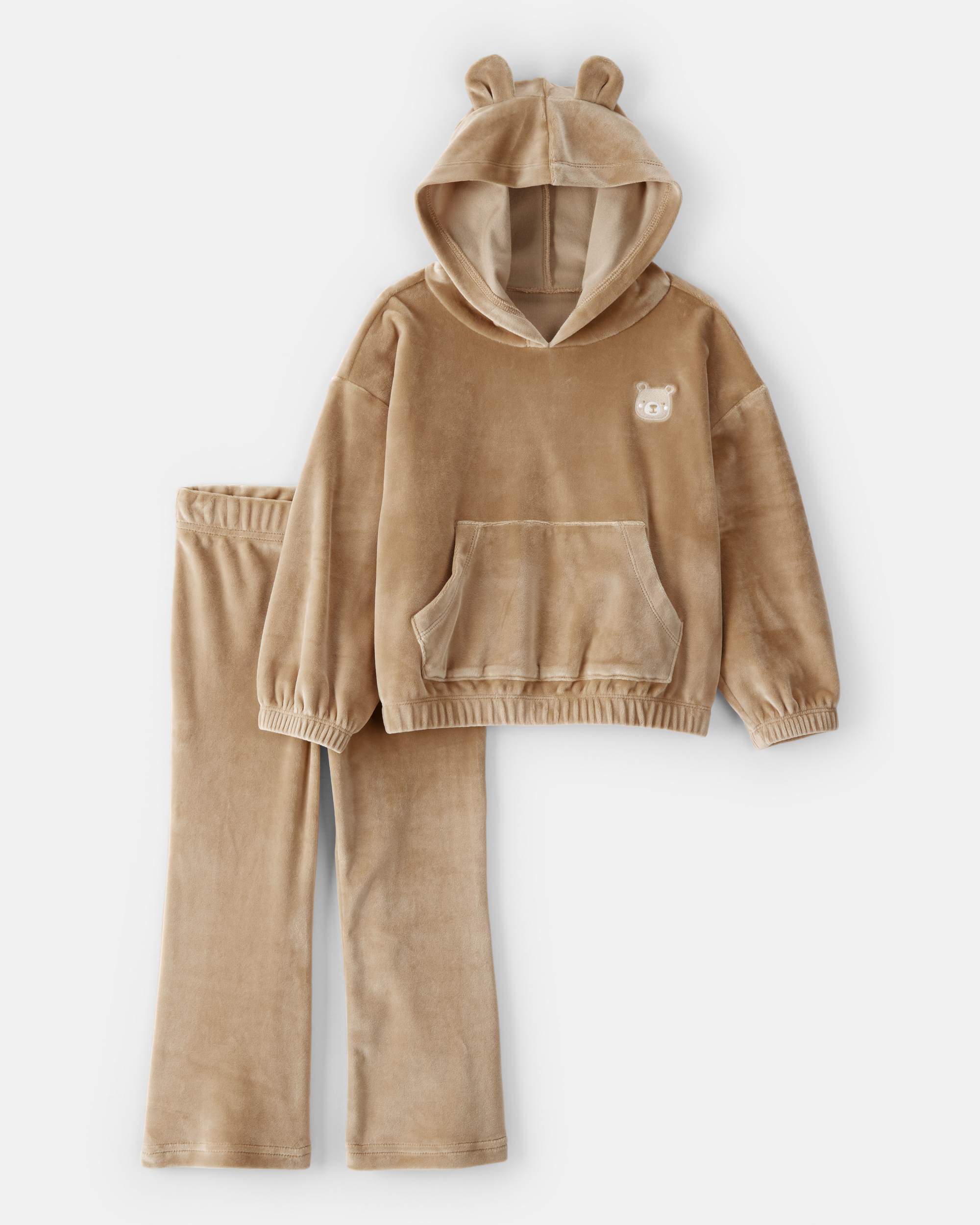 Toddler Girl Bear Velour Hoodie & Pant Set - Brown