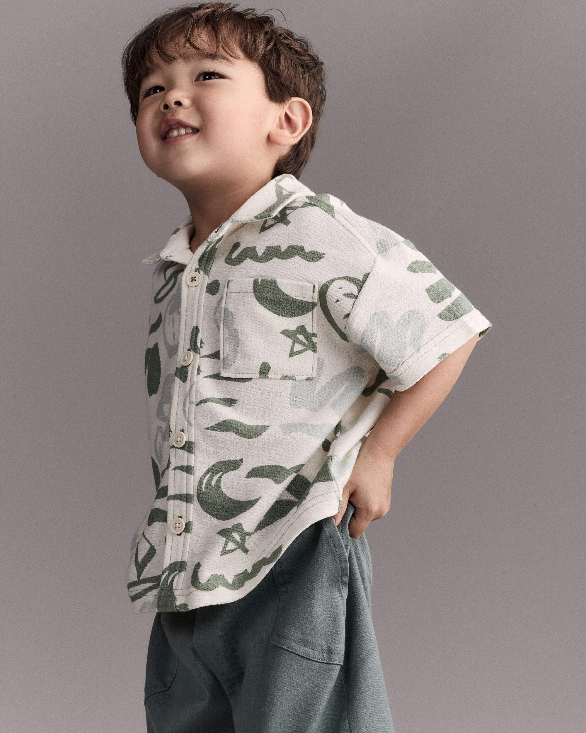Toddler Boy Button-Down Short Sleeve Shirt Sailboat Print - Cream