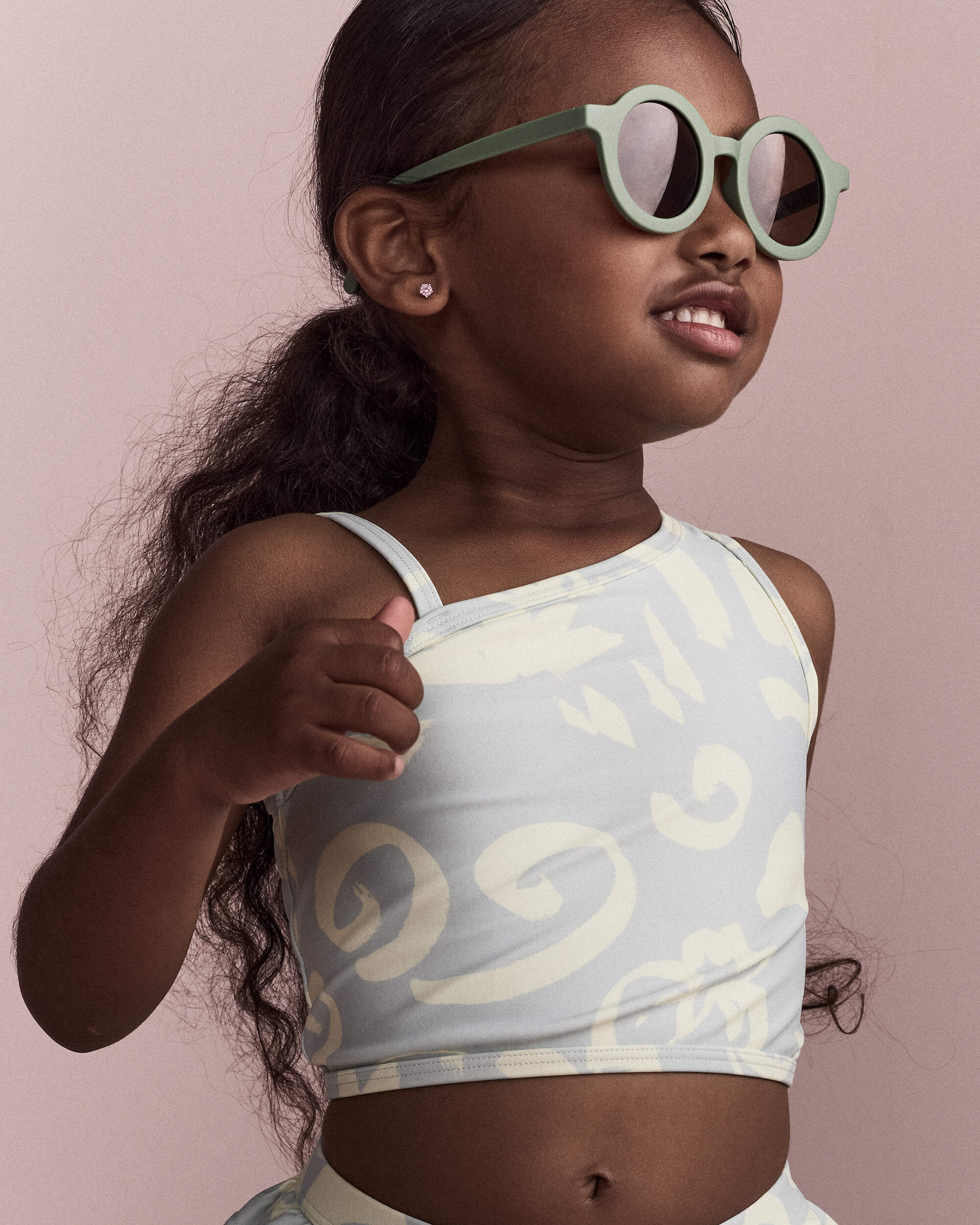 Toddler Girl Tropical One-Shoulder Ruffle Tankini Set - Sage