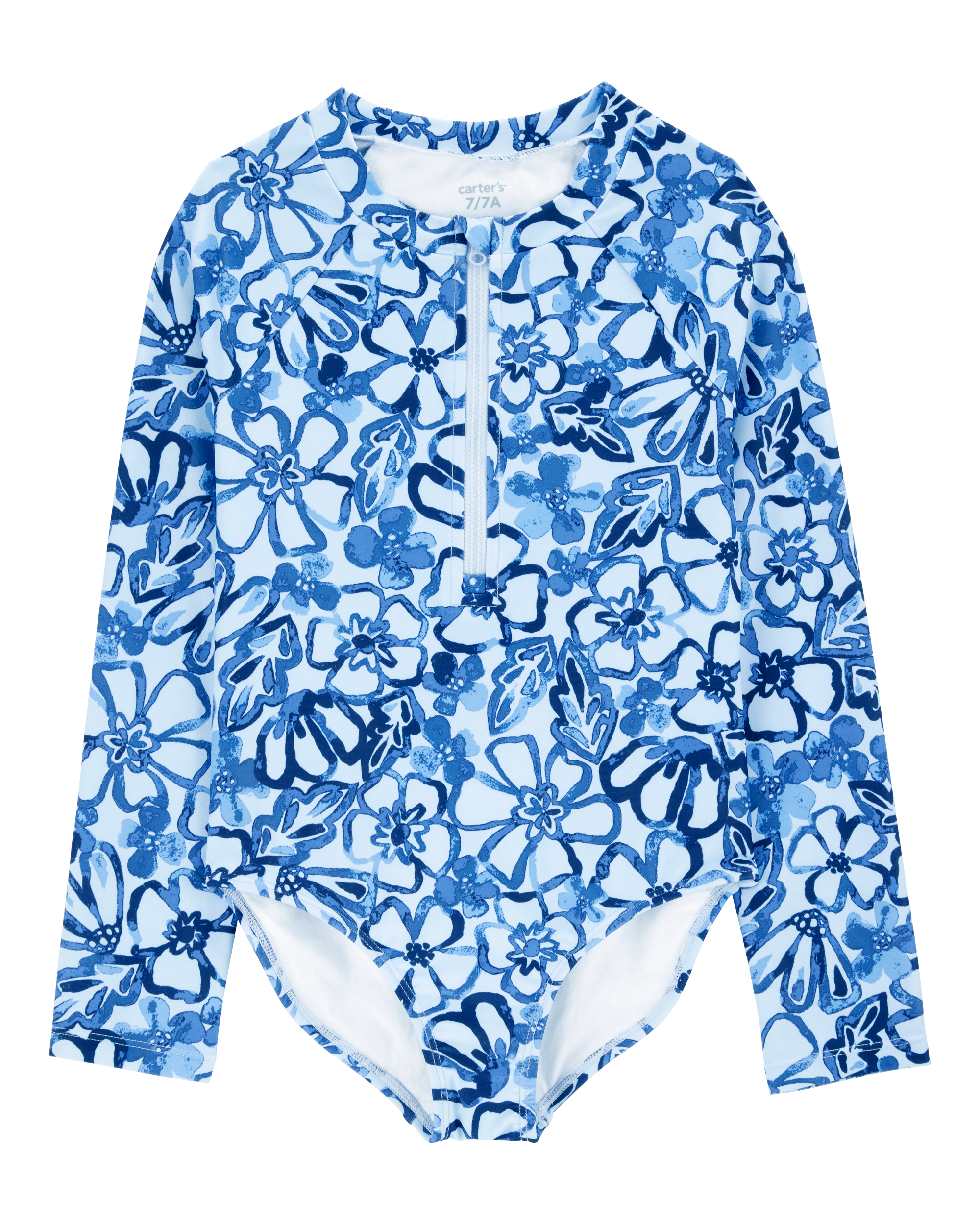 Kid 1- Piece Floral Long-Sleeve Rashguard Swimsuit - Blue