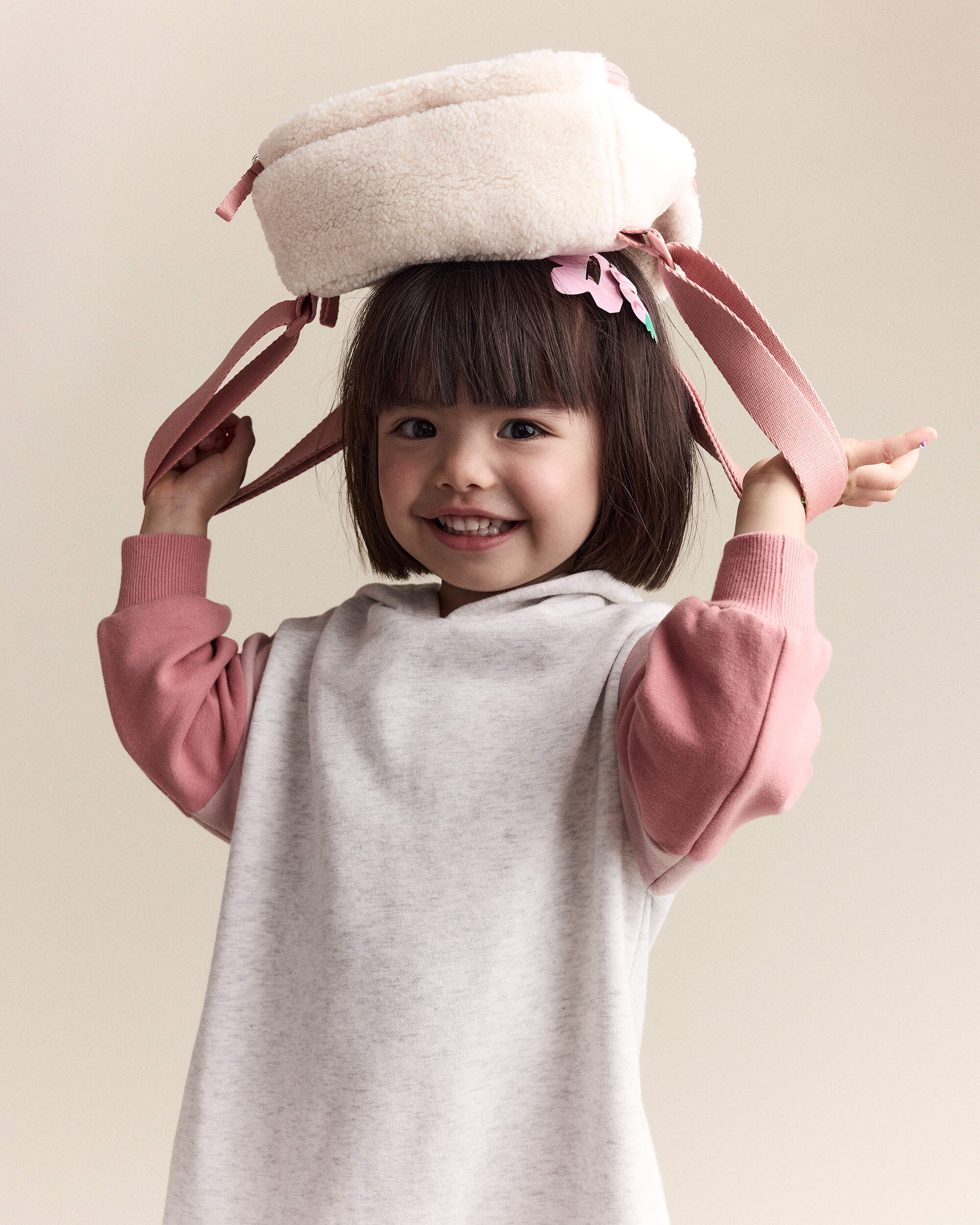 Heart Sherpa Backpack - Cream/Pink