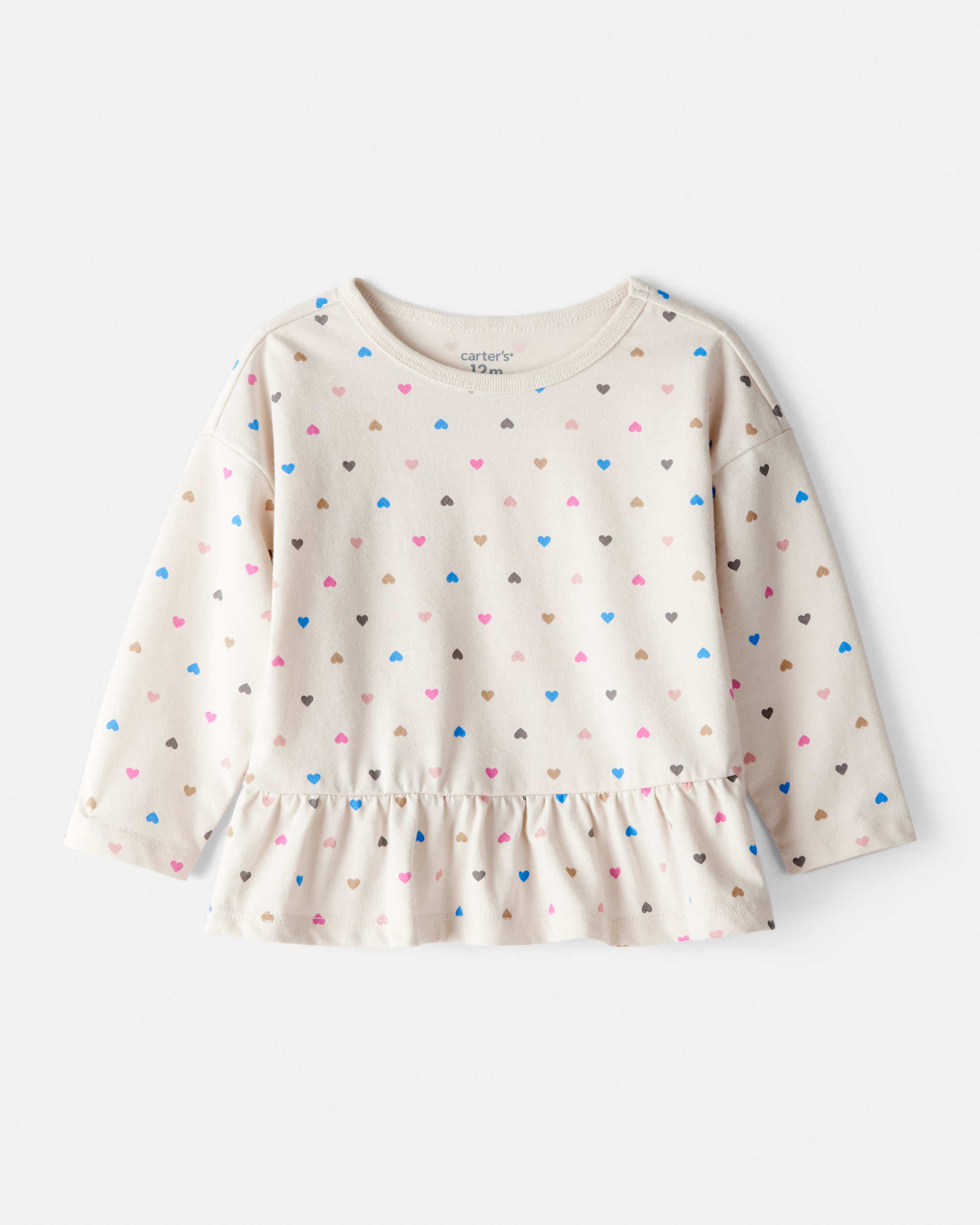 Baby Girl Heart Print Long-Sleeve Peplum Top - Cream