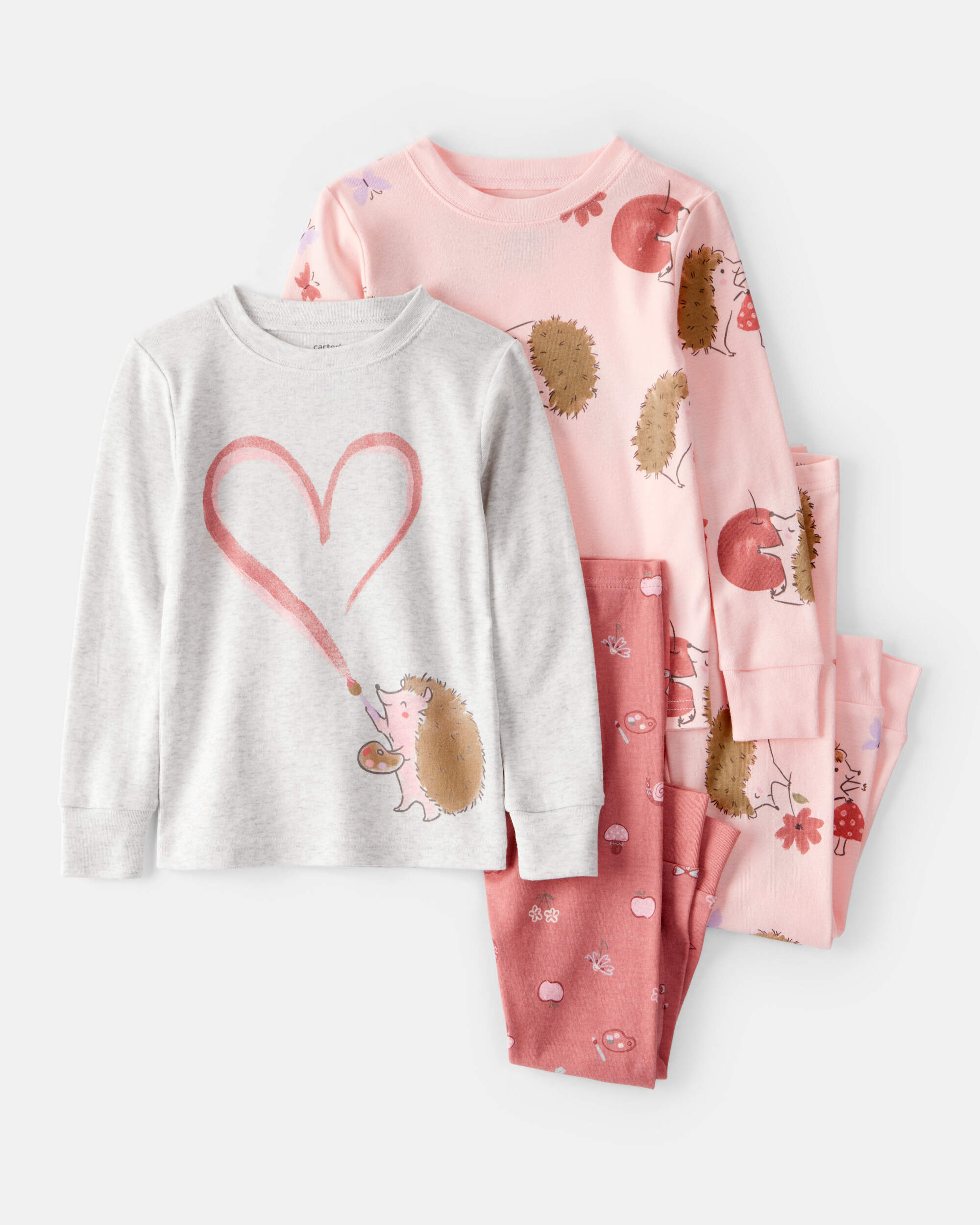 Toddler Girl Hedgehog Print Cotton Long-Sleeve 4-Piece Pyjamas - Pink/Orange