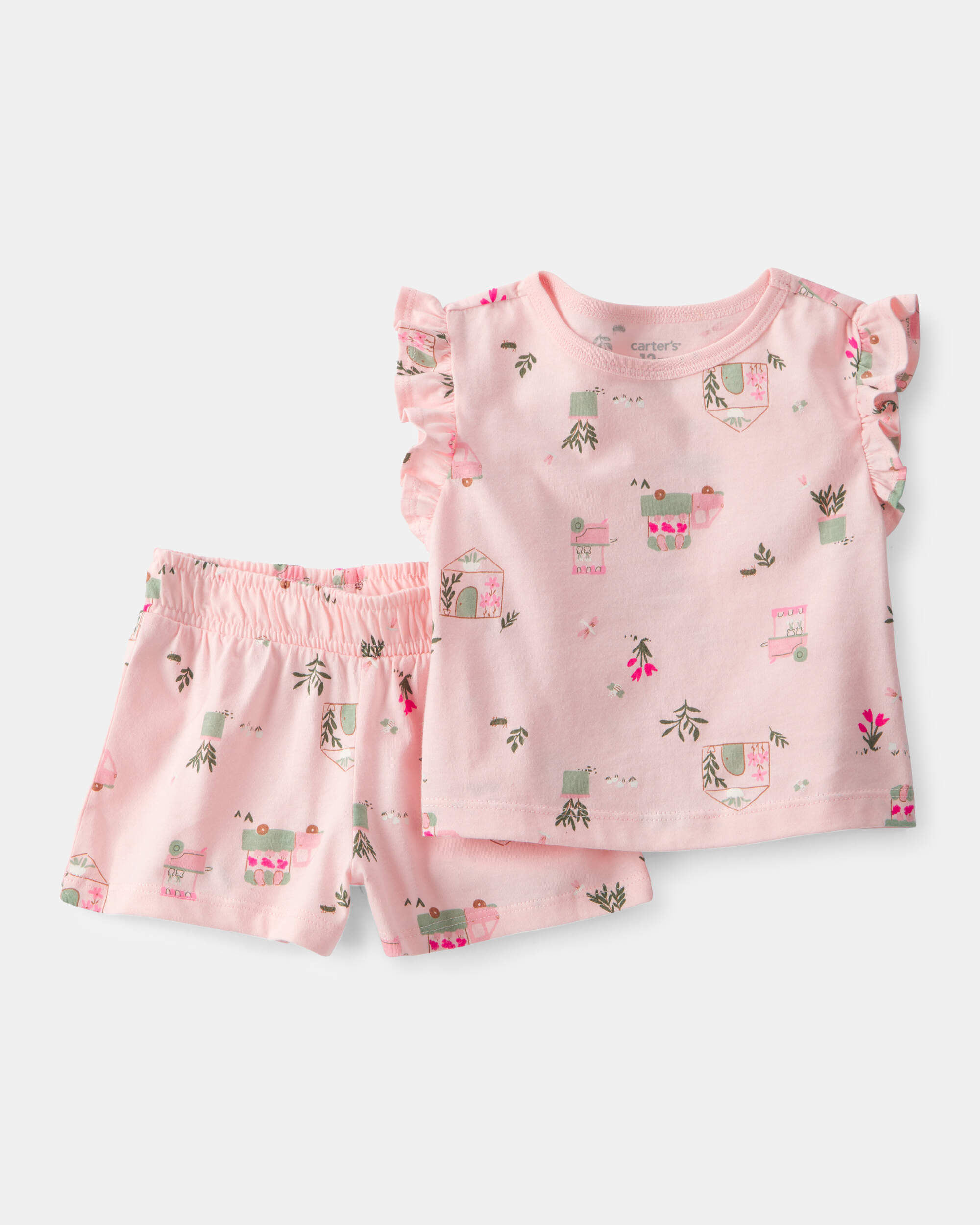 Baby Girl 2-Piece Flower Truck Top & Short Set - Pink