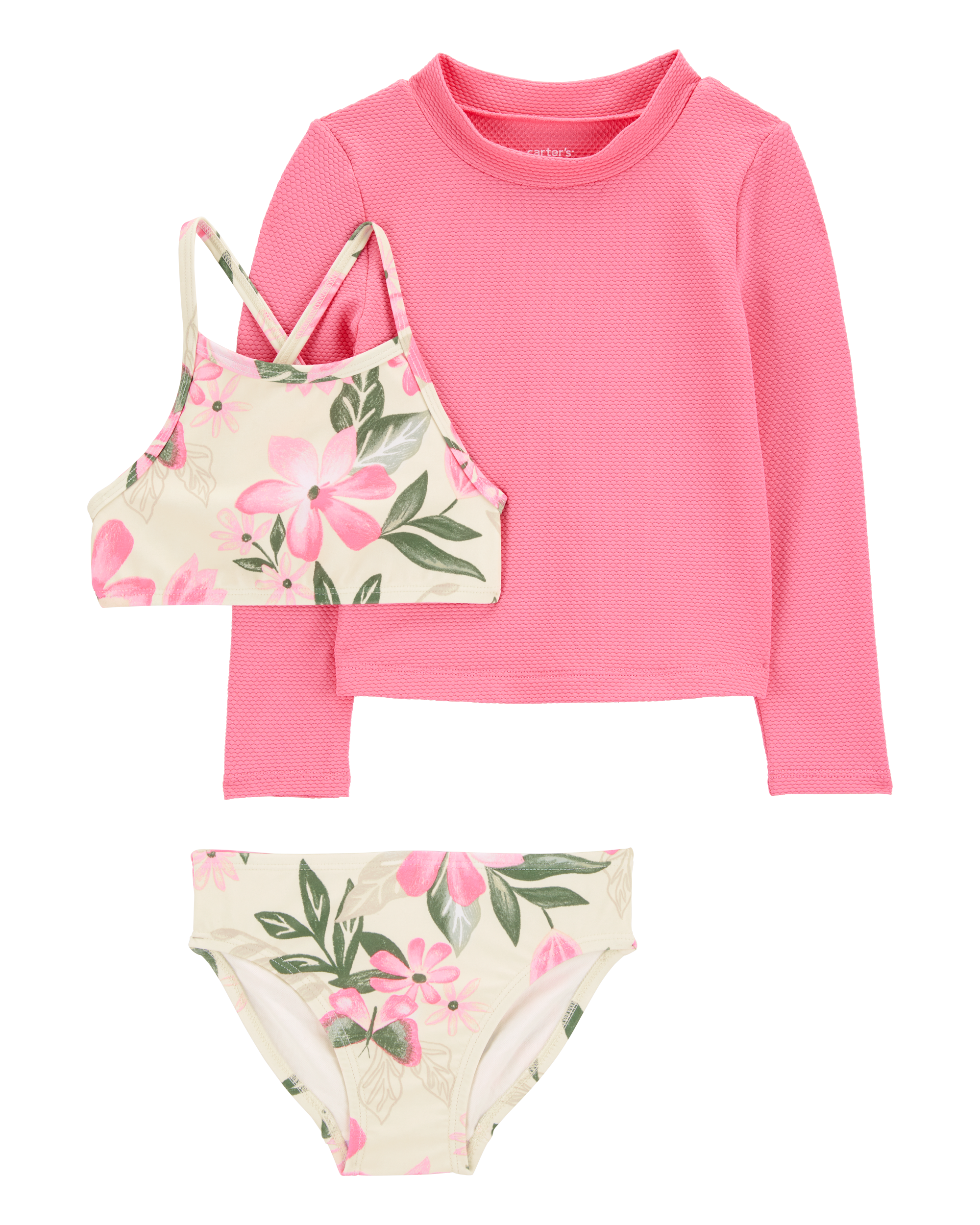 Toddler 3-Piece Tropical Floral Rashguard Swim Set - Pink/Cream