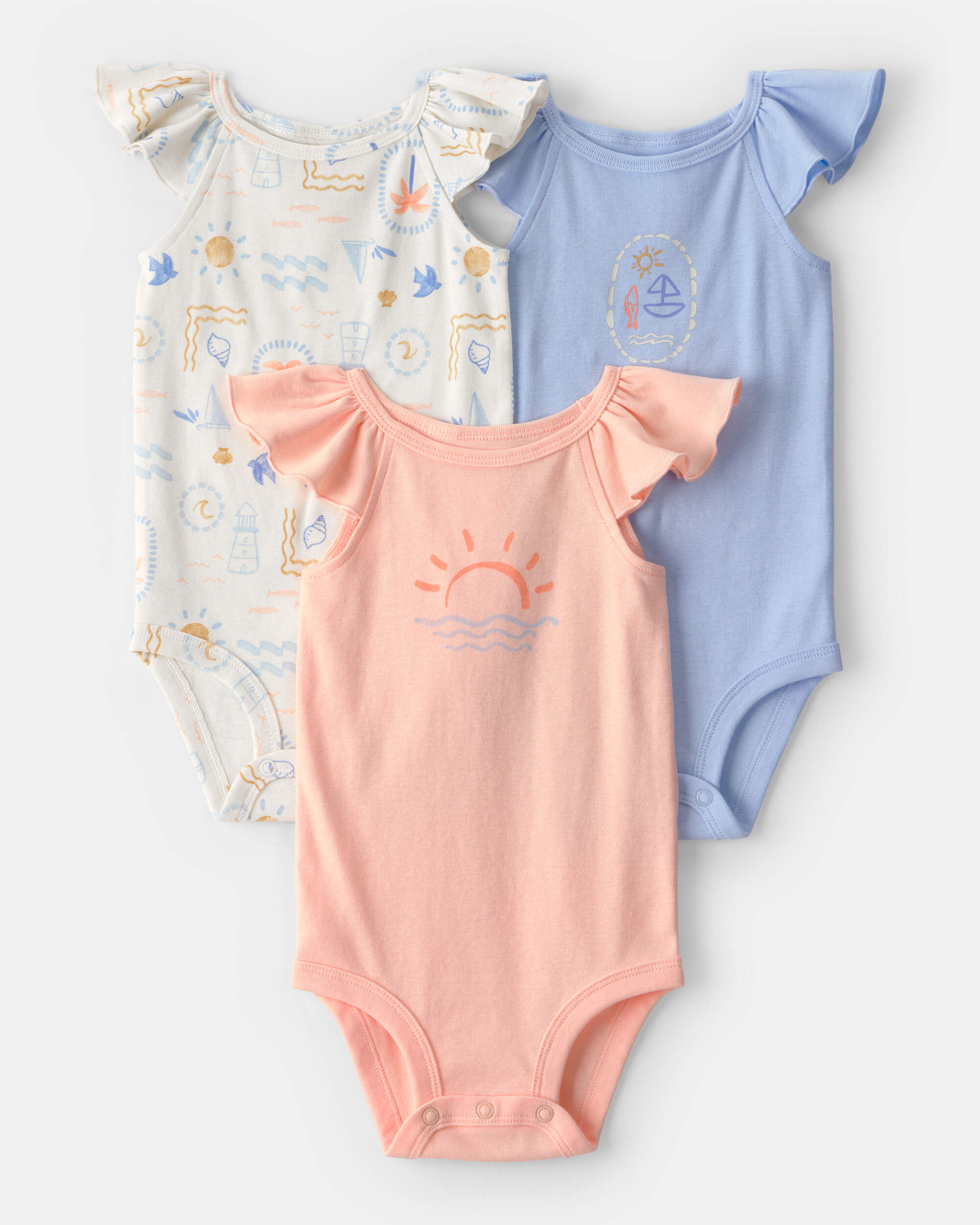 Baby Girl 3-Pack Beach Flutter-Sleeve Multipack Bodysuits - Orange/Blue/Ivory