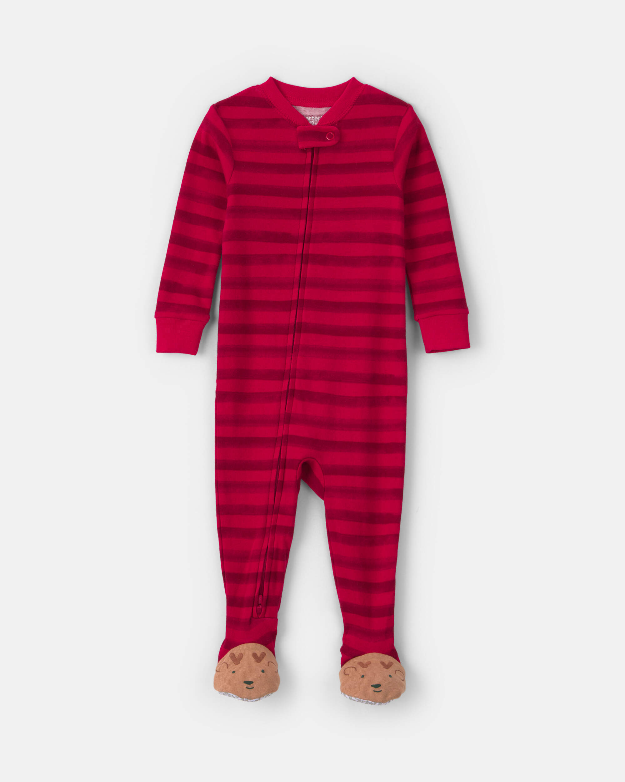 Toddler 1-Piece Striped Reindeer 100% Cotton Snug Fit Footed Pyjama - Red