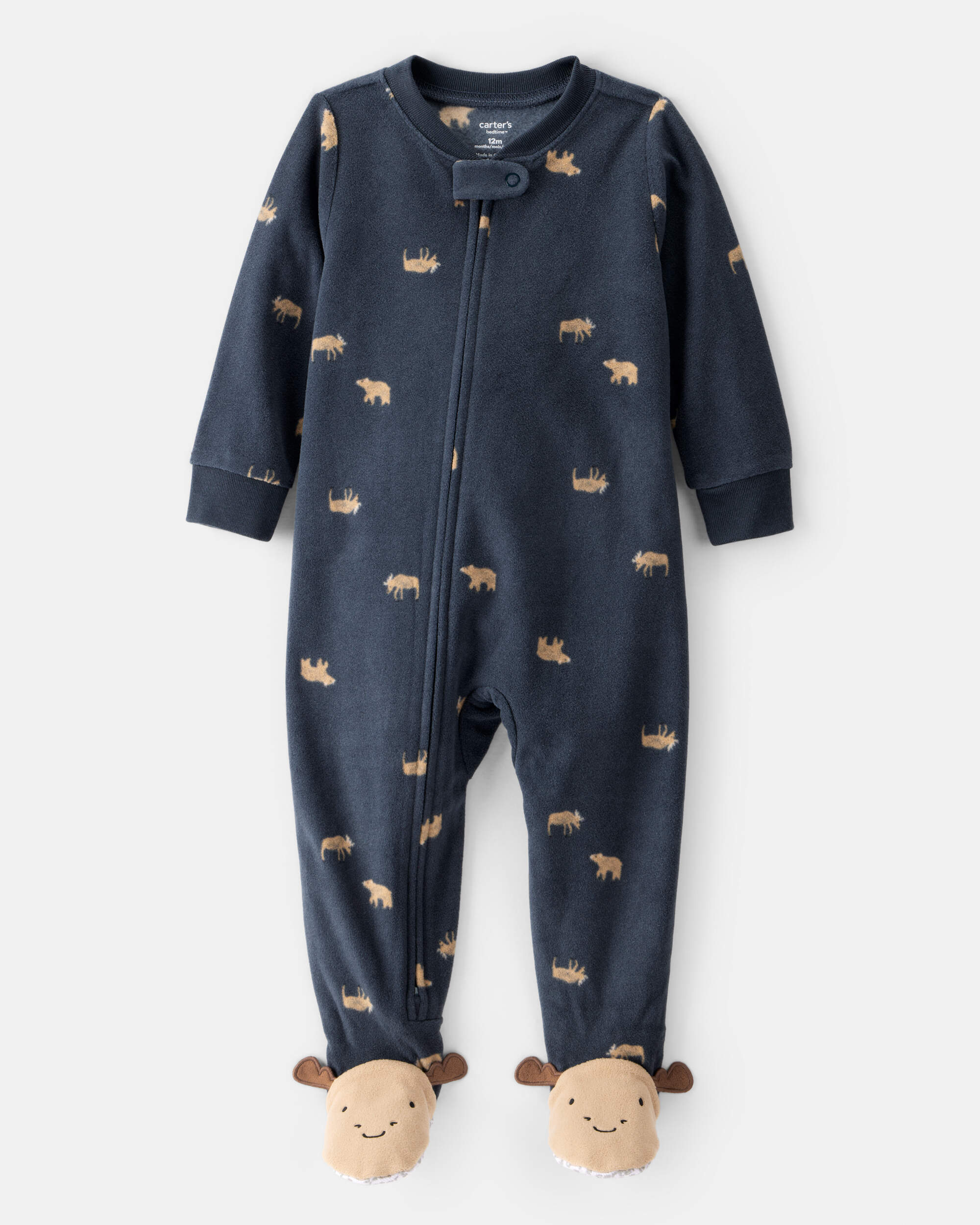 Toddler Boy Moose & Bear Print Loose Fit Long-Sleeve 2-Way Zip 1-Piece Pyjamas - Navy Blue