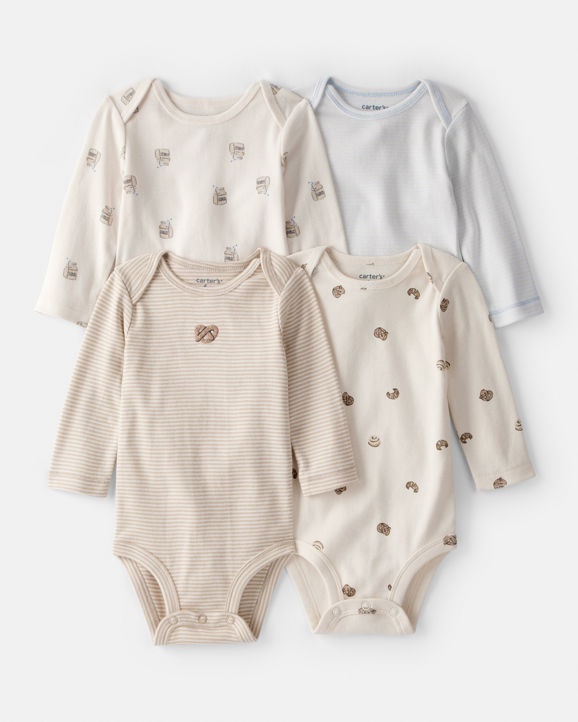 Baby 4-Pack Snack Time Long-Sleeve Multipack Bodysuits - Blue/White/Brown