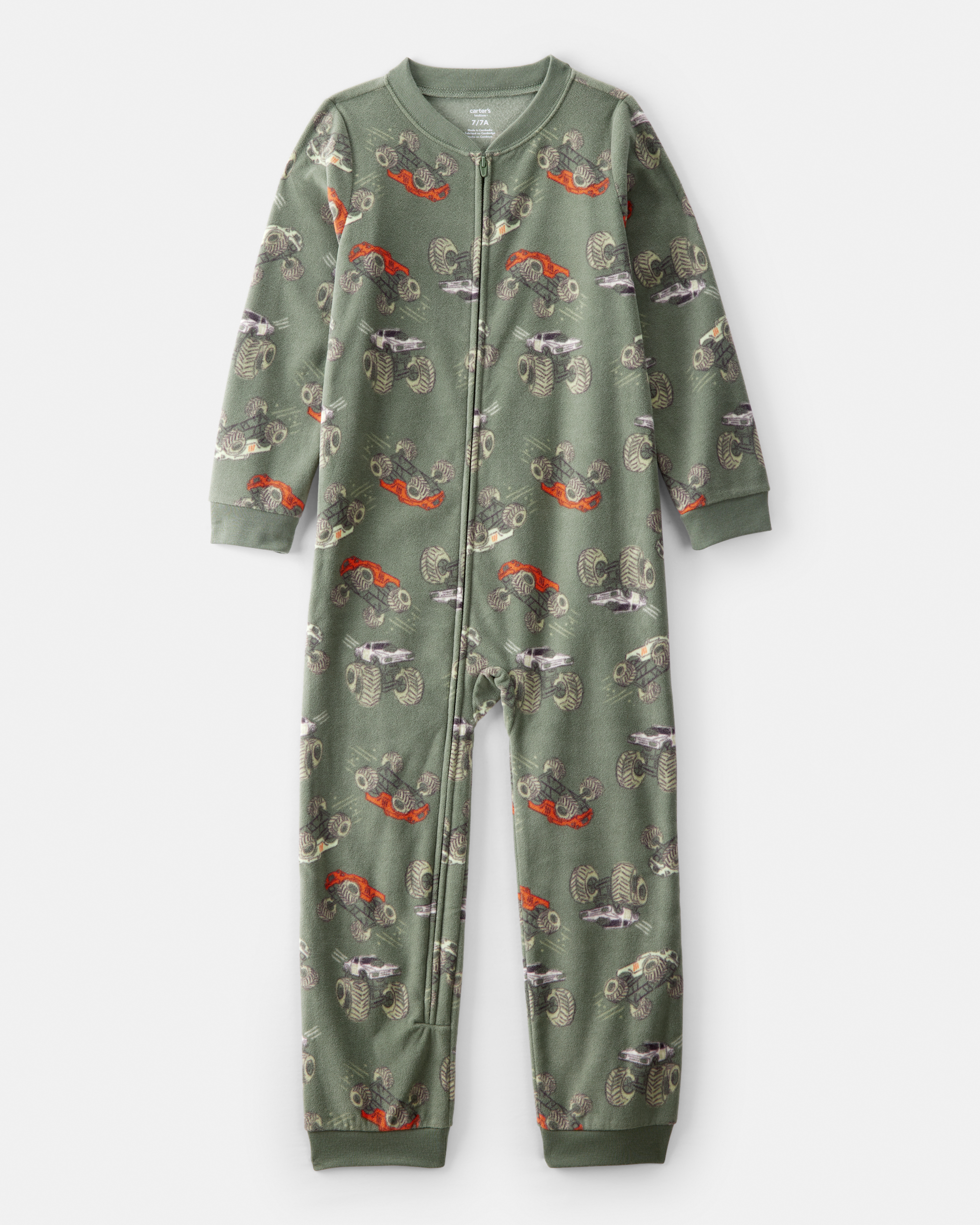 Boys Monster Truck Fleece Long-Sleeve Loose Fit 1-Piece Pyjama - Green