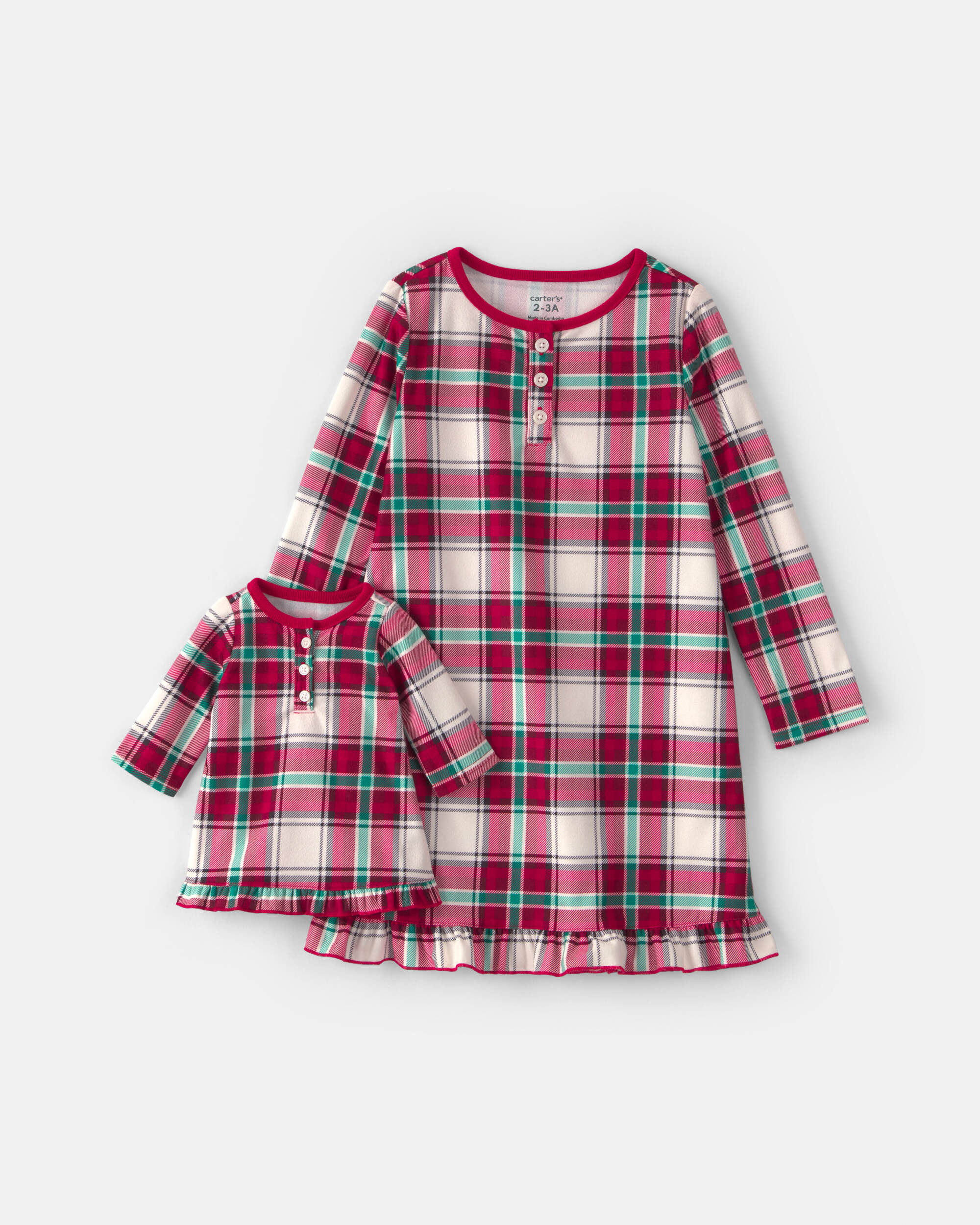 Girls 2-Pack Christmas Plaid Fleece Loose Fit Night Gown & Doll - Red/Green