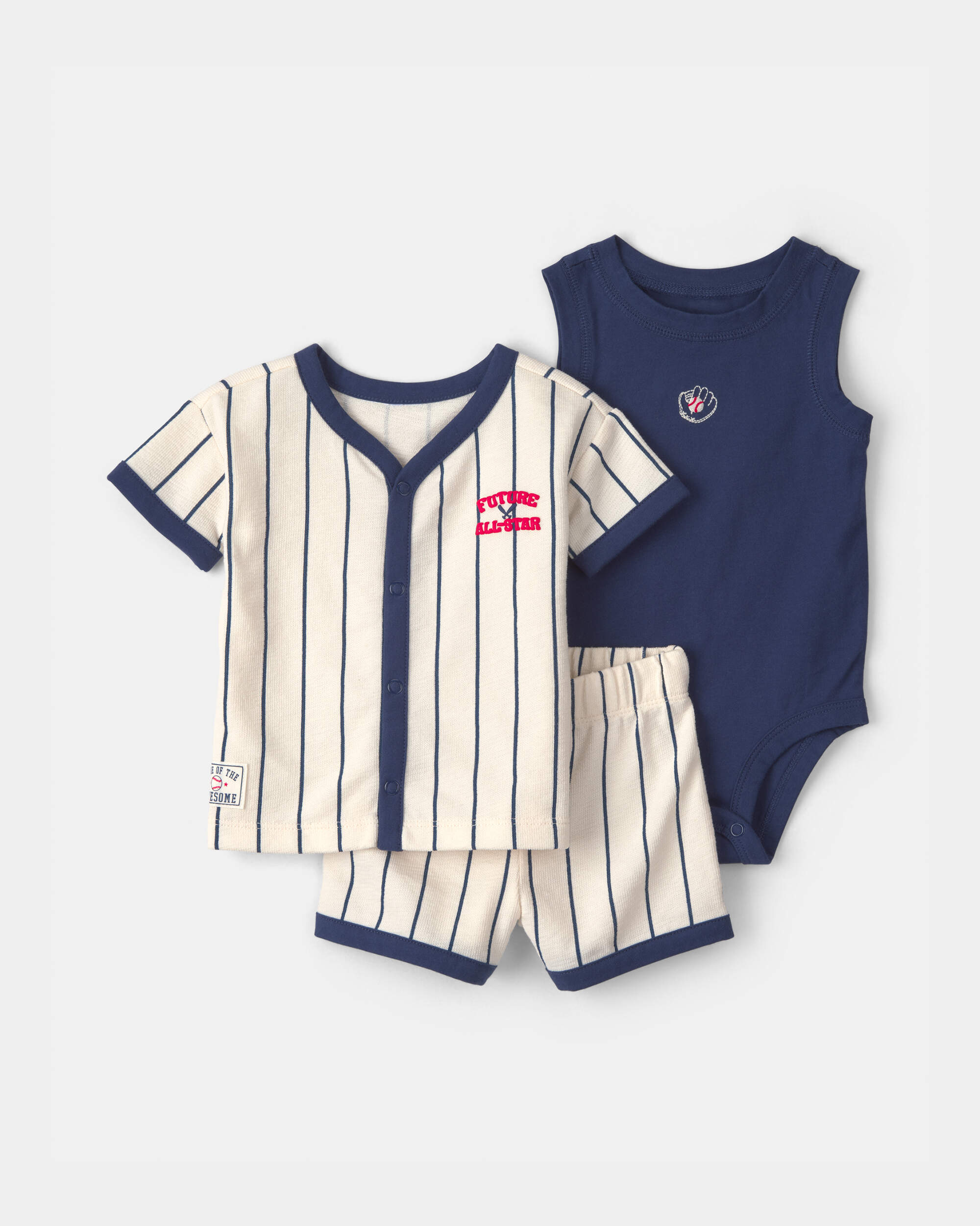 Baby Boy 3-Piece Baseball Striped Top & Short Set - Blue/Ivory