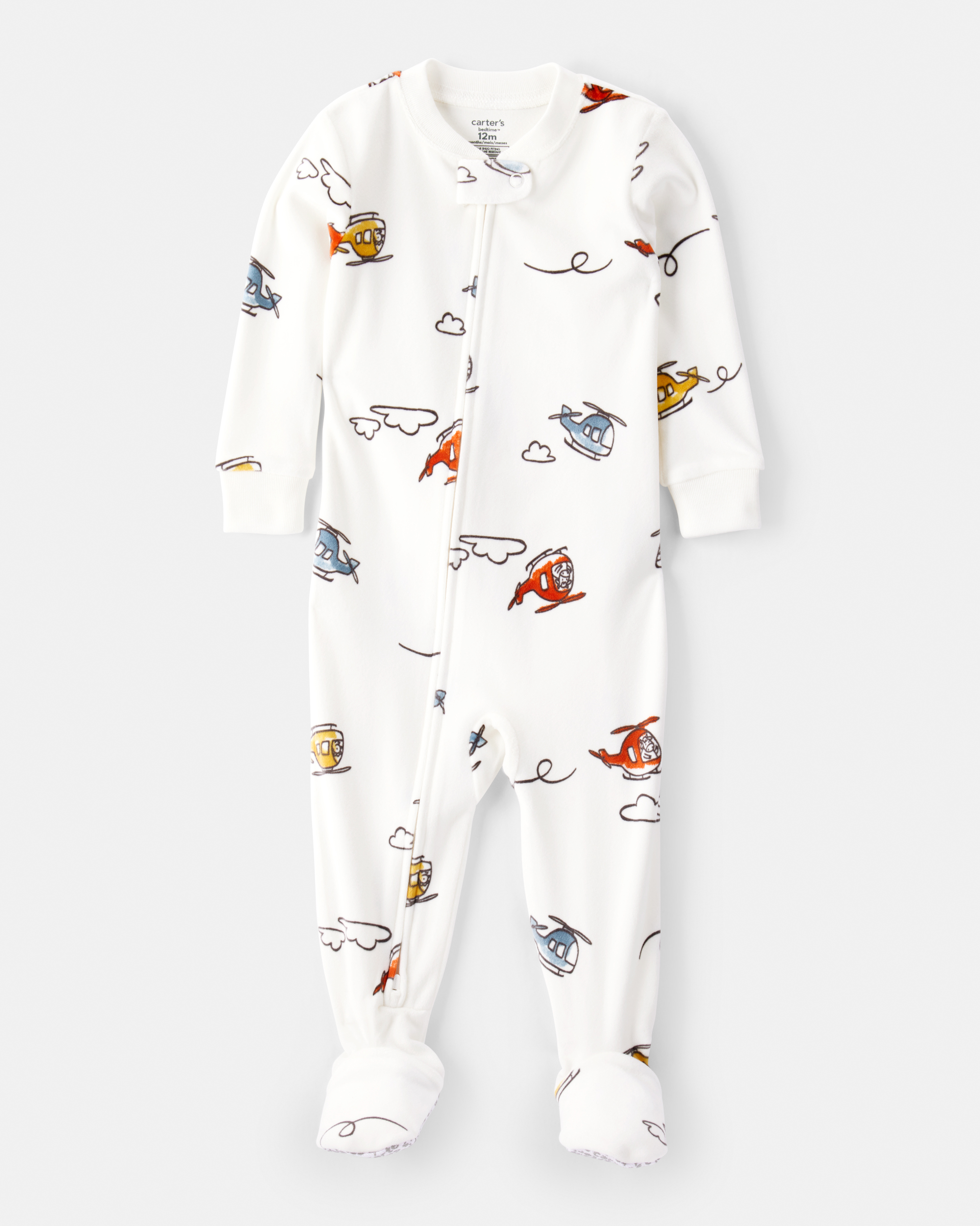 Baby Boy Helicopter Print DreamPlush Snug Fit Long-Sleeve 2-Way Zip 1-Piece Pyjamas - White