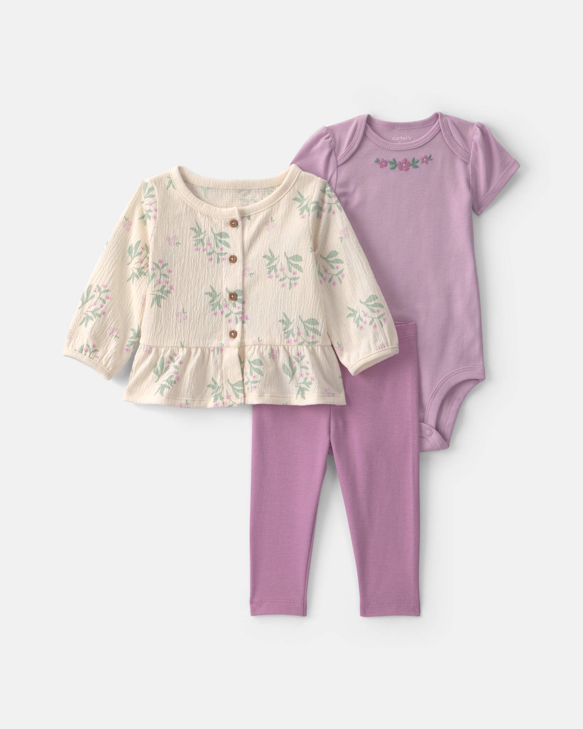 Baby Girl 3-Piece Floral Layering Set - Purple/Ivory