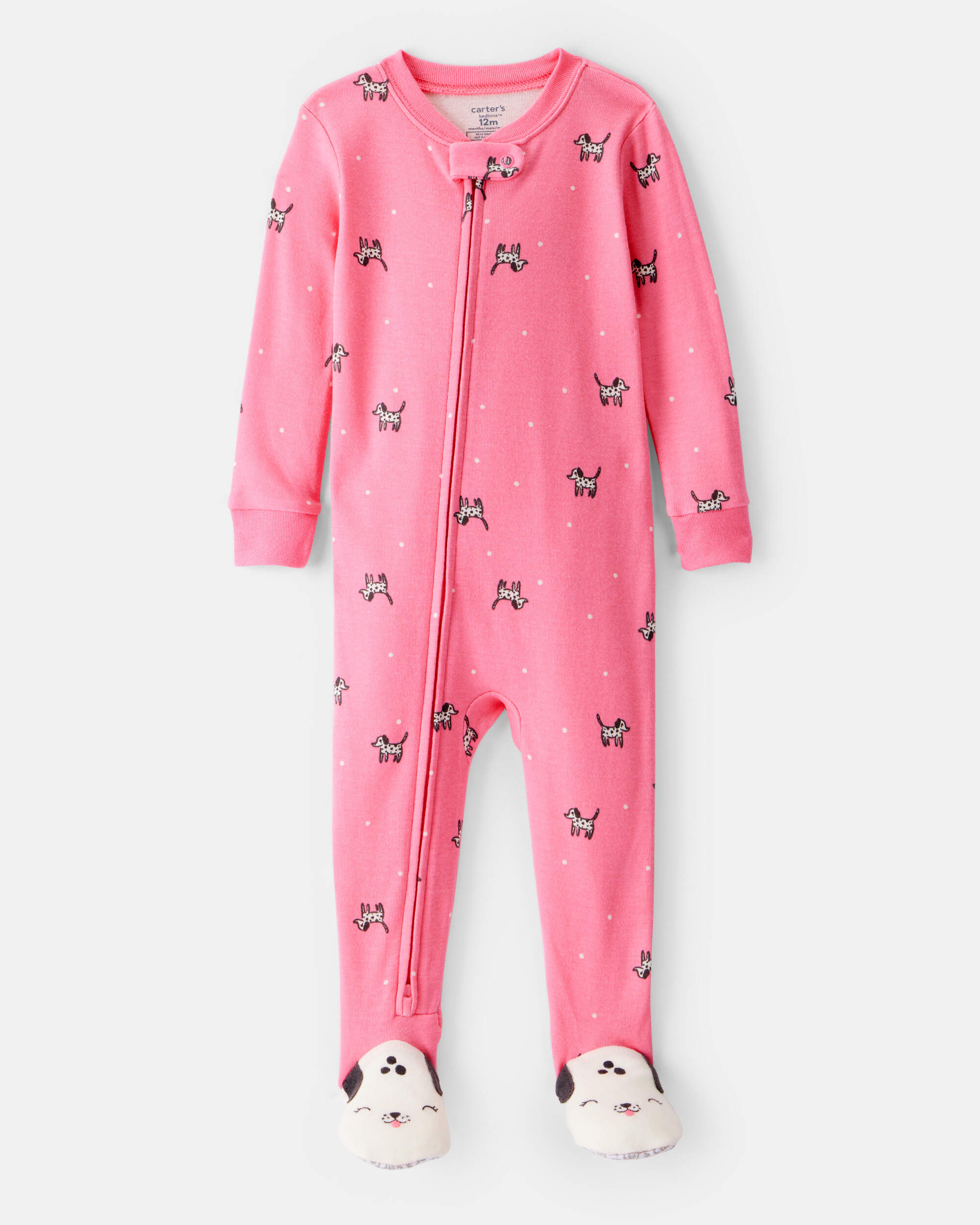 Baby Girl Dalmatian Print 100% Cotton Long-Sleeve 2-Way Zip 1-Piece Pyjamas - Pink