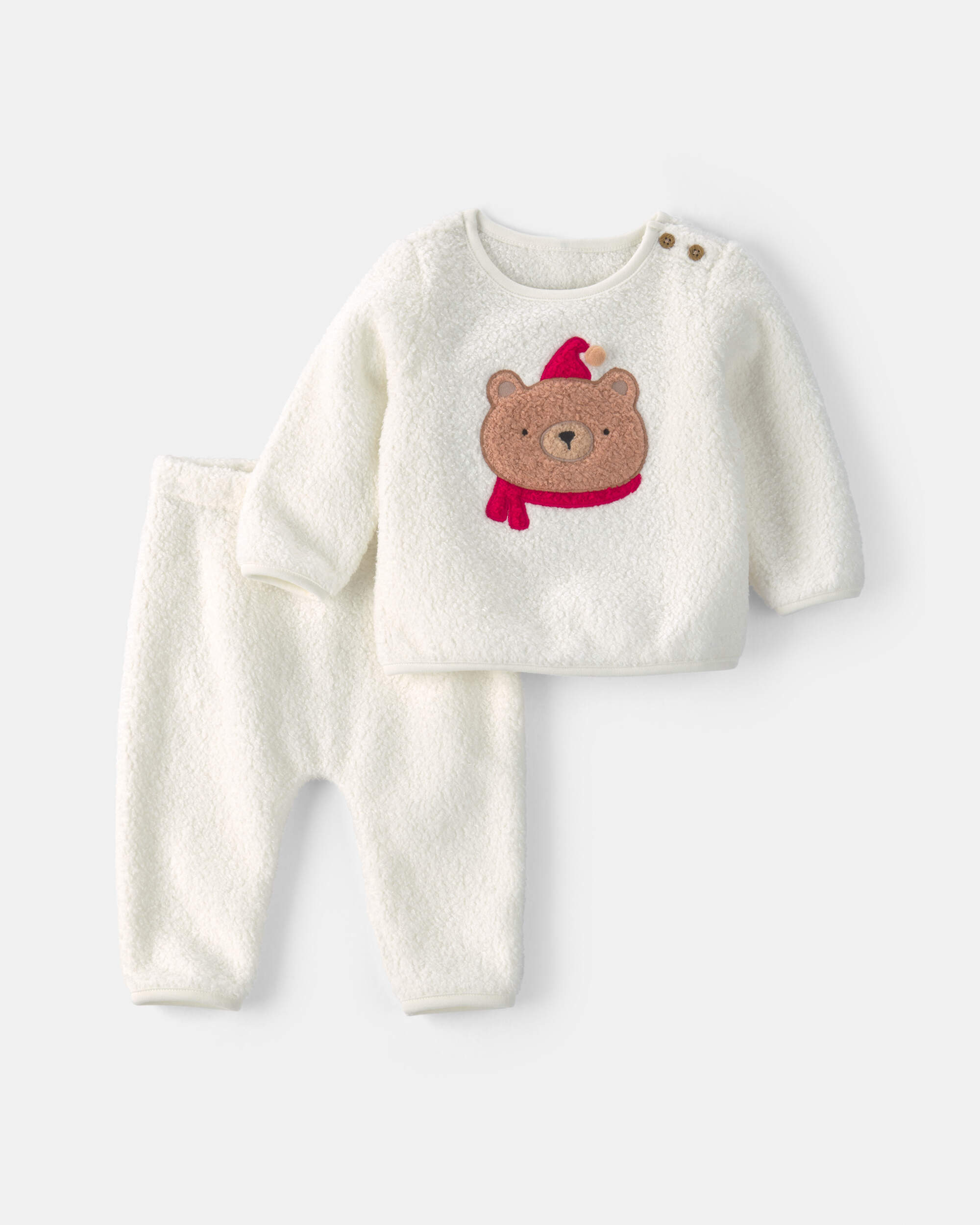 Baby 2-Piece Bear Fleece Long-Sleeve Top & Pant Set - Cream