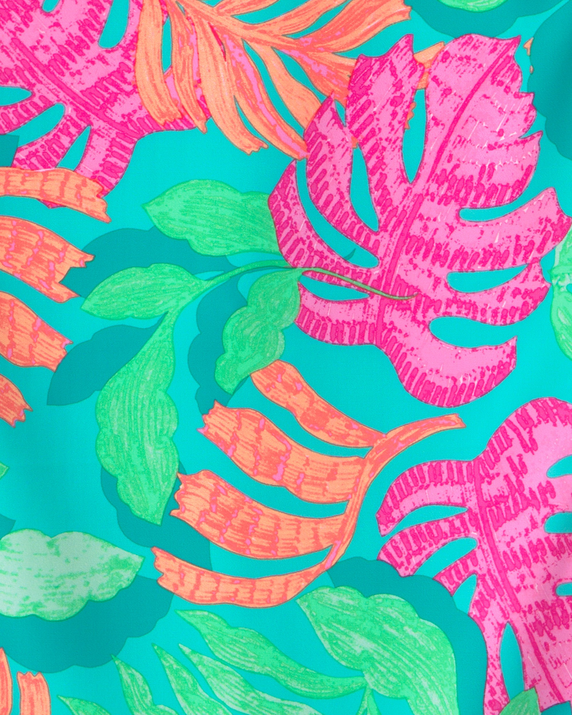 Girls Tropical Long-Sleeve 1-Piece Rashguard Swimsuit - Teal