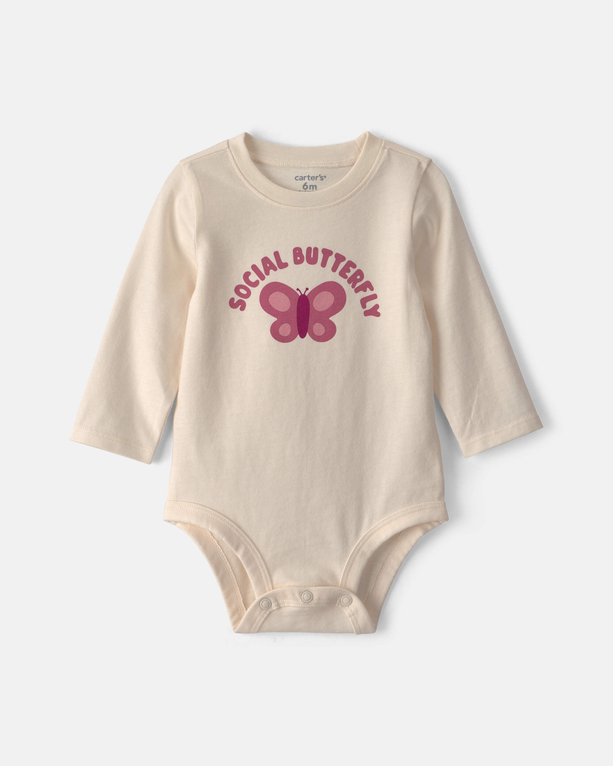 Baby Girl 'Social Butterfly' Long-Sleeve Graphic Bodysuit - Cream