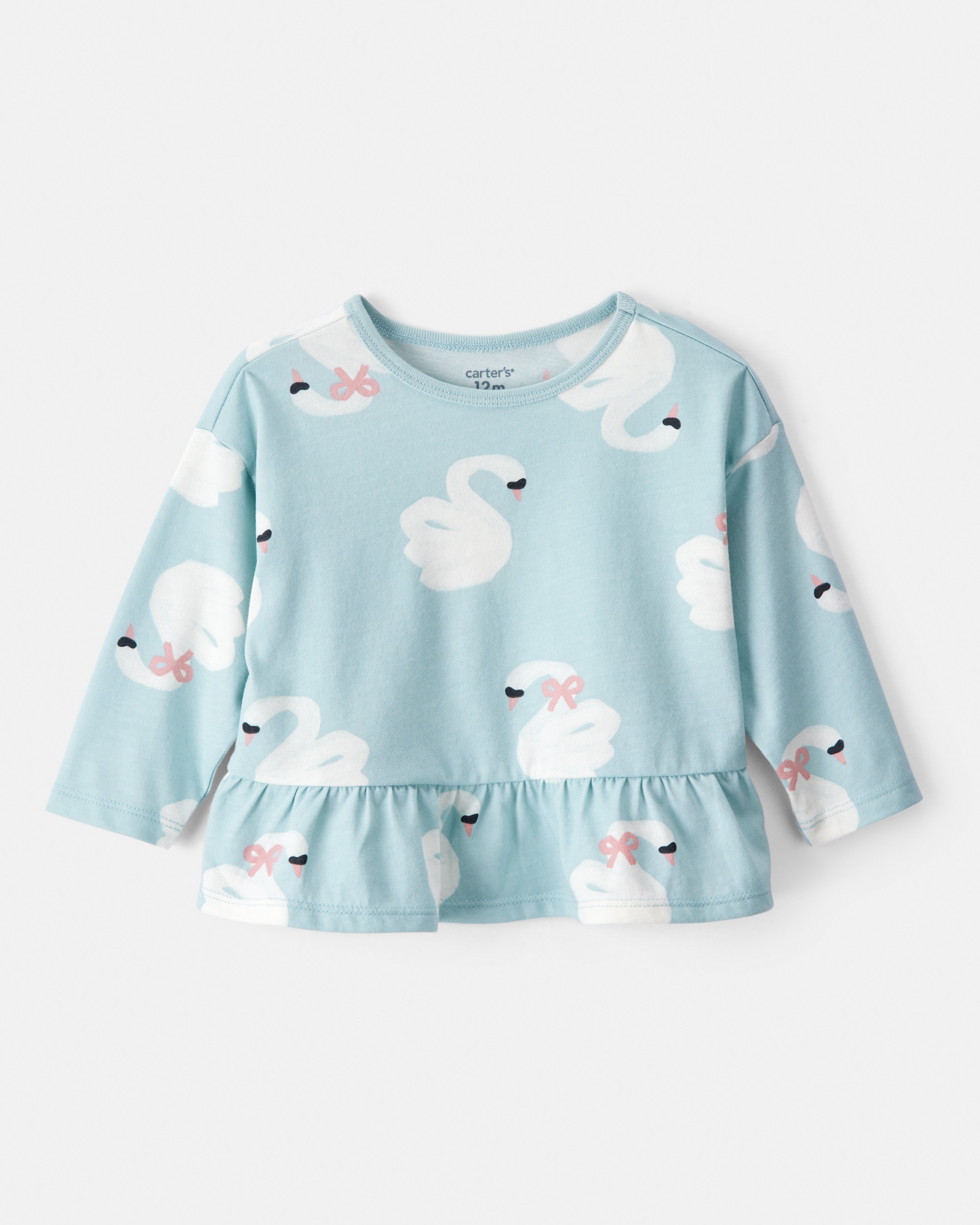 Baby Girl Swan Print Long-Sleeve Peplum Top - Blue