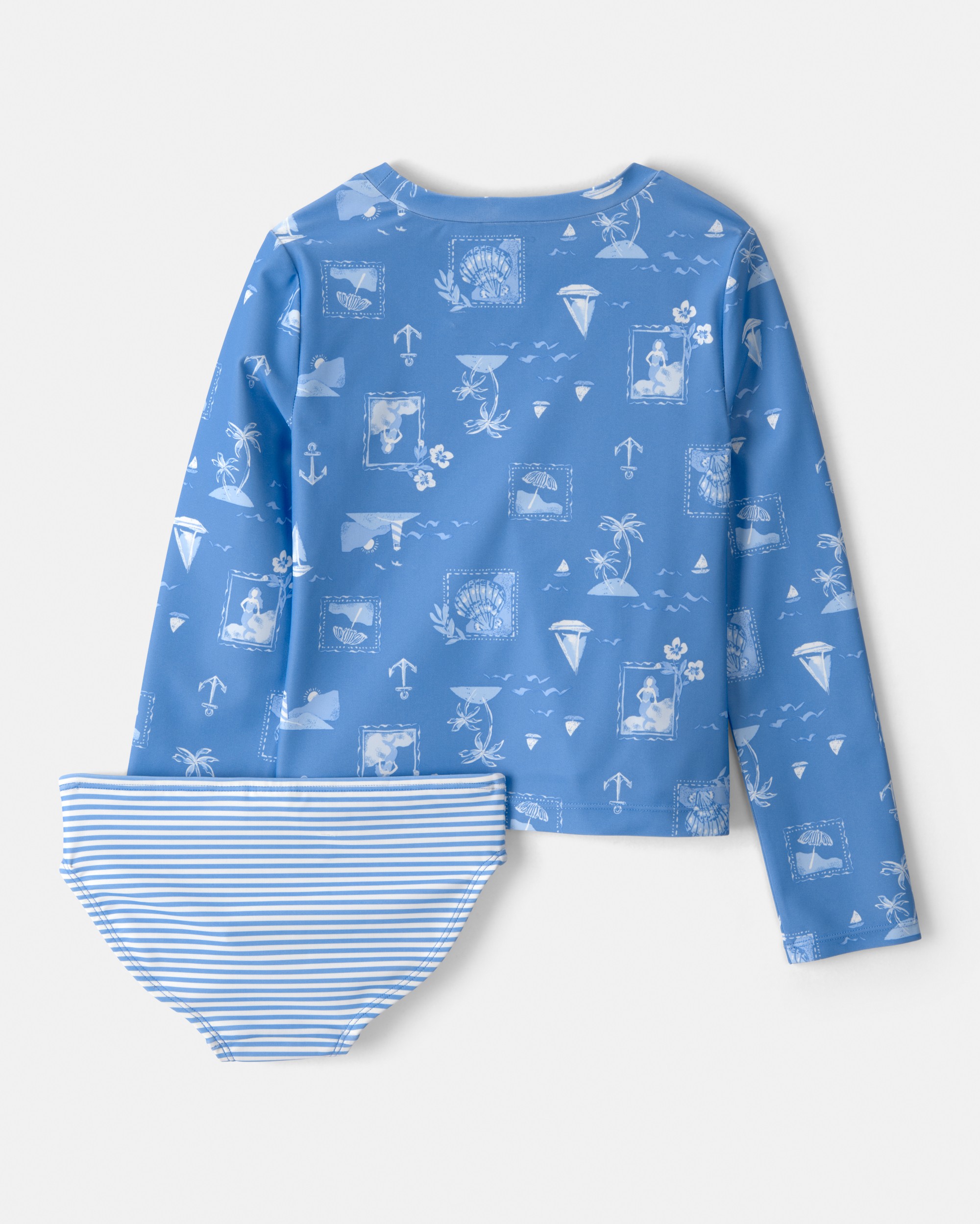 Girls 2-Piece Sailboat Long-Sleeve Rashguard Swimsuit Set - Blue