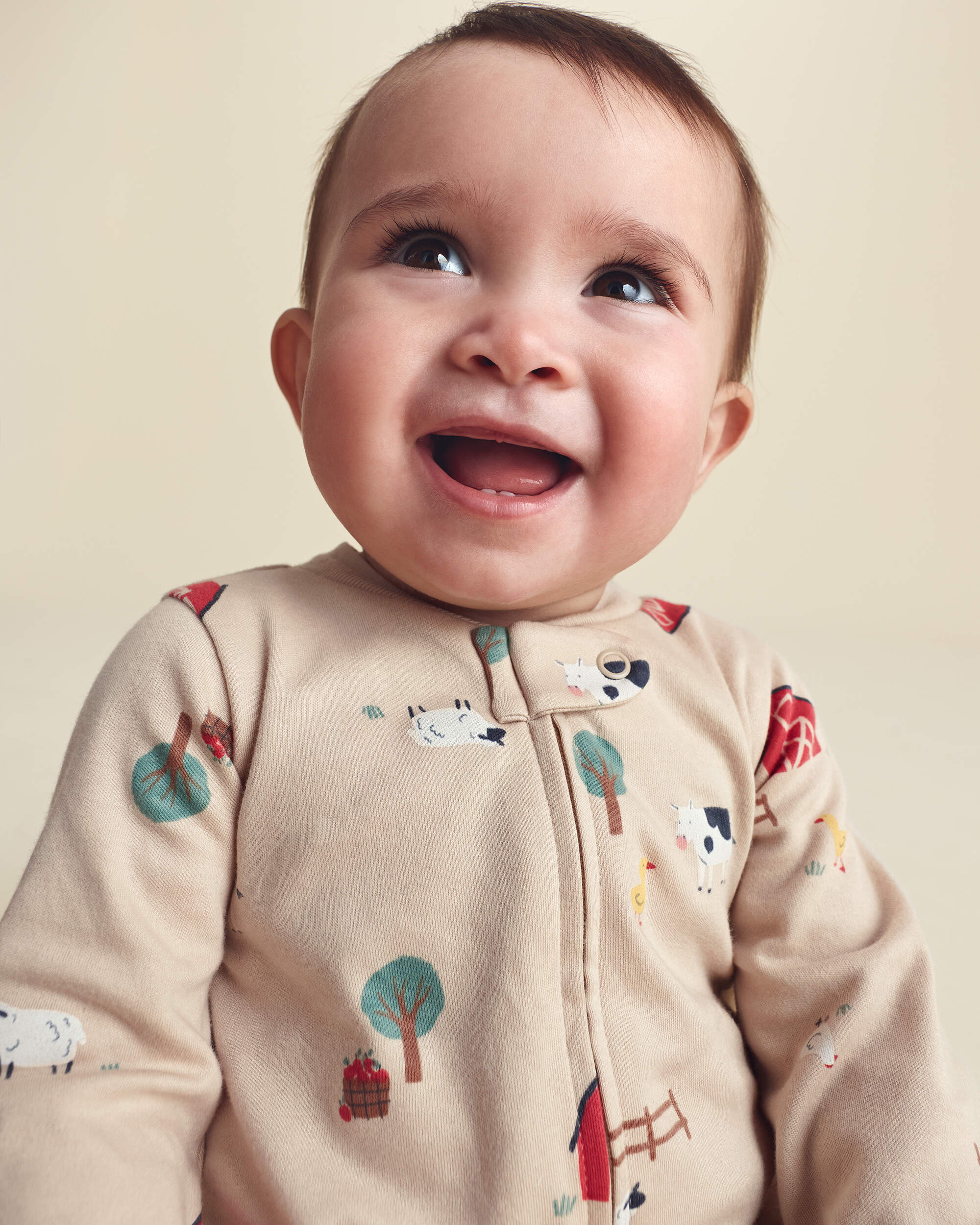 Baby Boy 1-Piece Farm 2-Way Zip 100% Cotton Snug Fit Footed Pyjama - Cream
