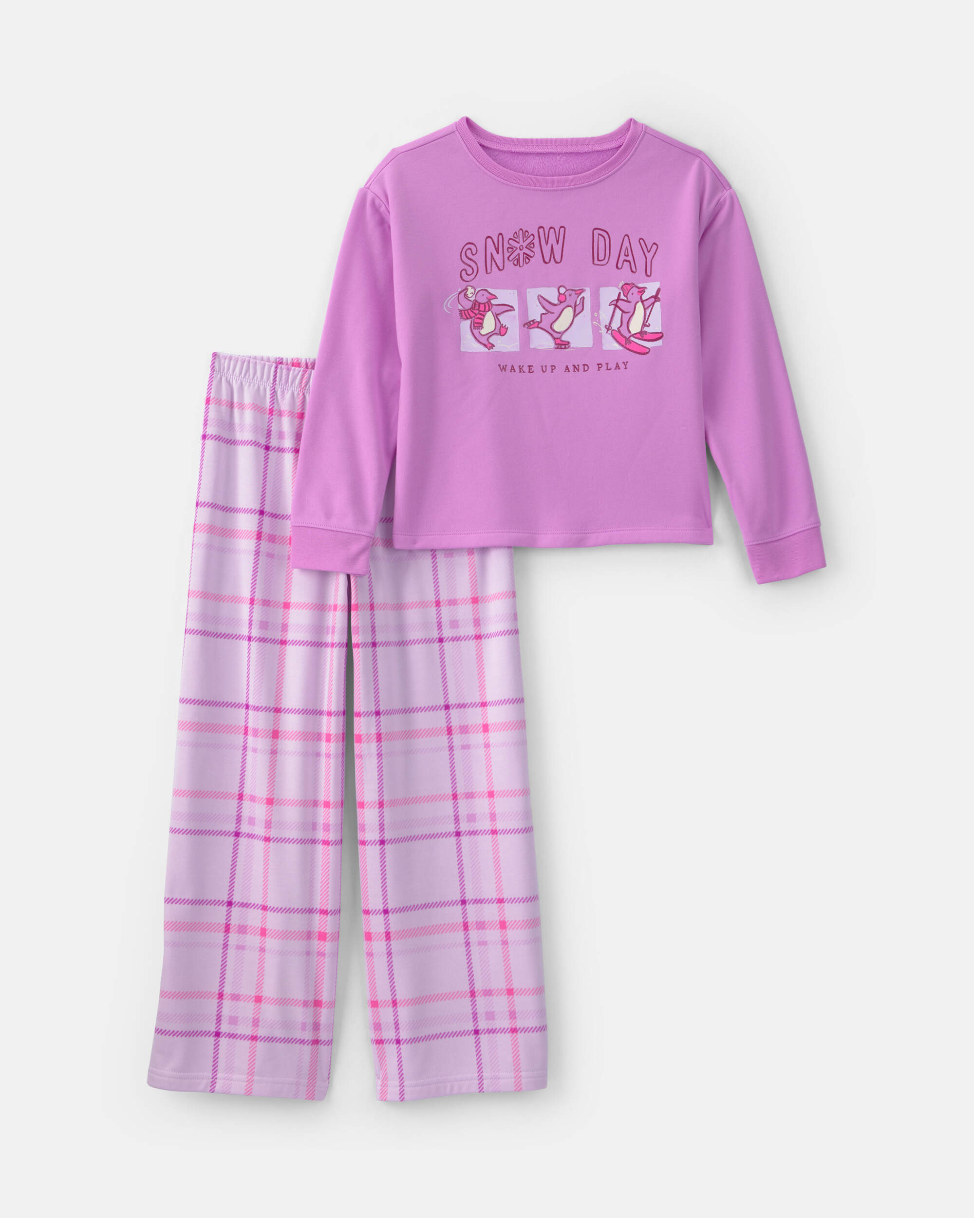 Girls 2-Piece 'Snow Day' Plaid Fleece Loose Fit Pyjama Set - Purple