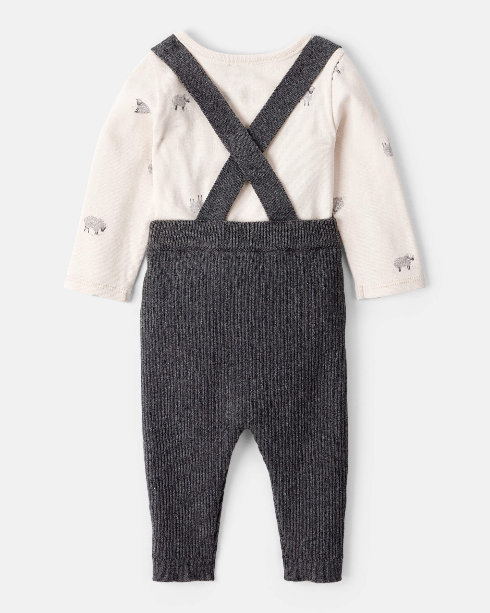 Baby Boy 2-Piece Sheep Print Cotton Long-Sleeve Overall Set - White/Grey