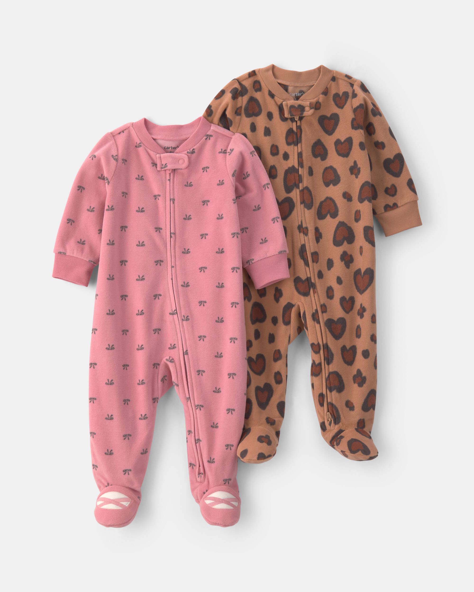 Baby Girl 2-Pack Leopard Fleece 2-Way Zip Sleep & Play Pyjamas - Pink/Brown