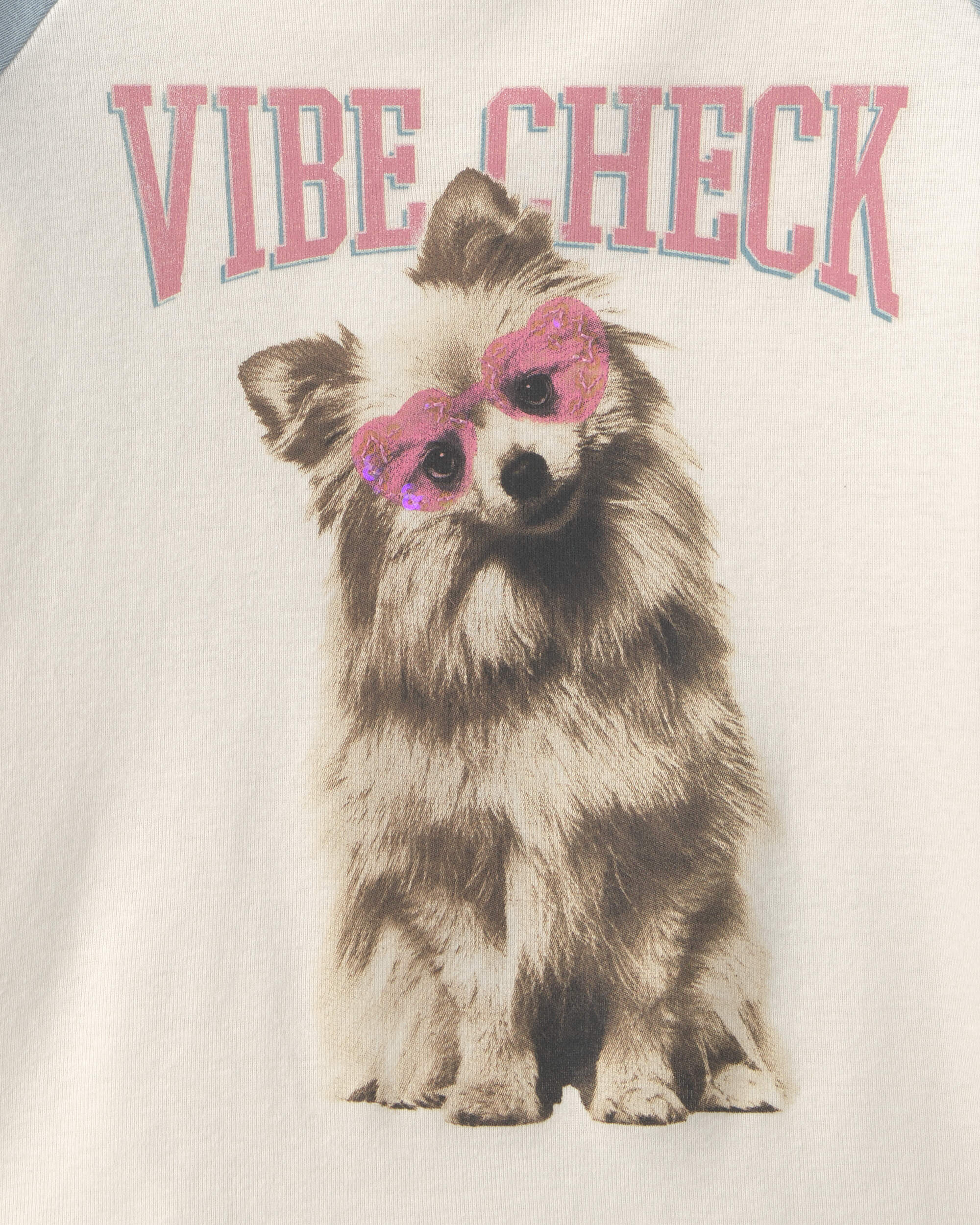 Girls 'Vibe Check' Dog Graphic Tee - Cream/Blue
