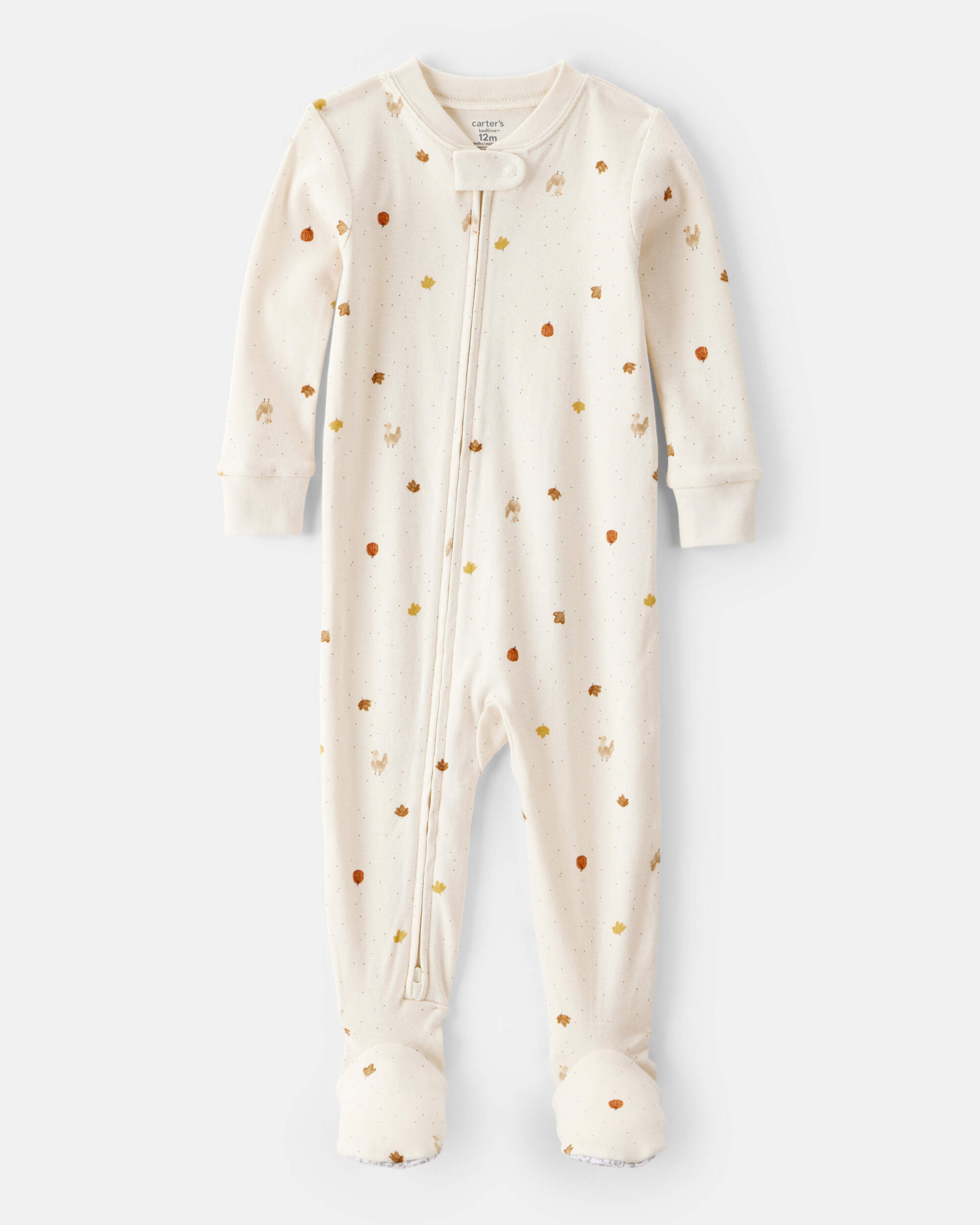 Toddler Thanksgiving Print 100% Cotton Long-Sleeve 2-Way Zip Footed 1-Piece Pyjamas - White