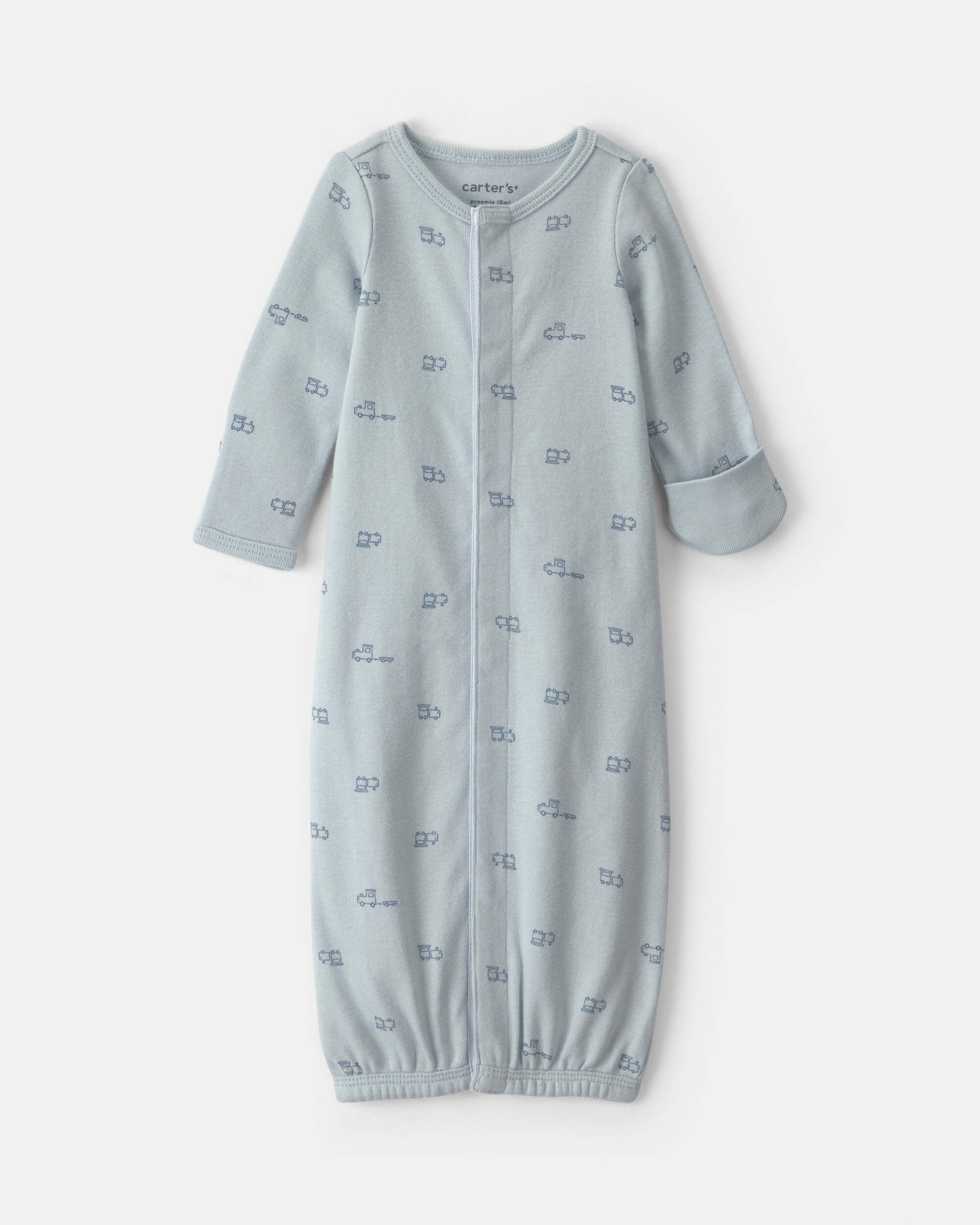 Baby Boy NICU Train Long-Sleeve Sleeper Gown - Blue