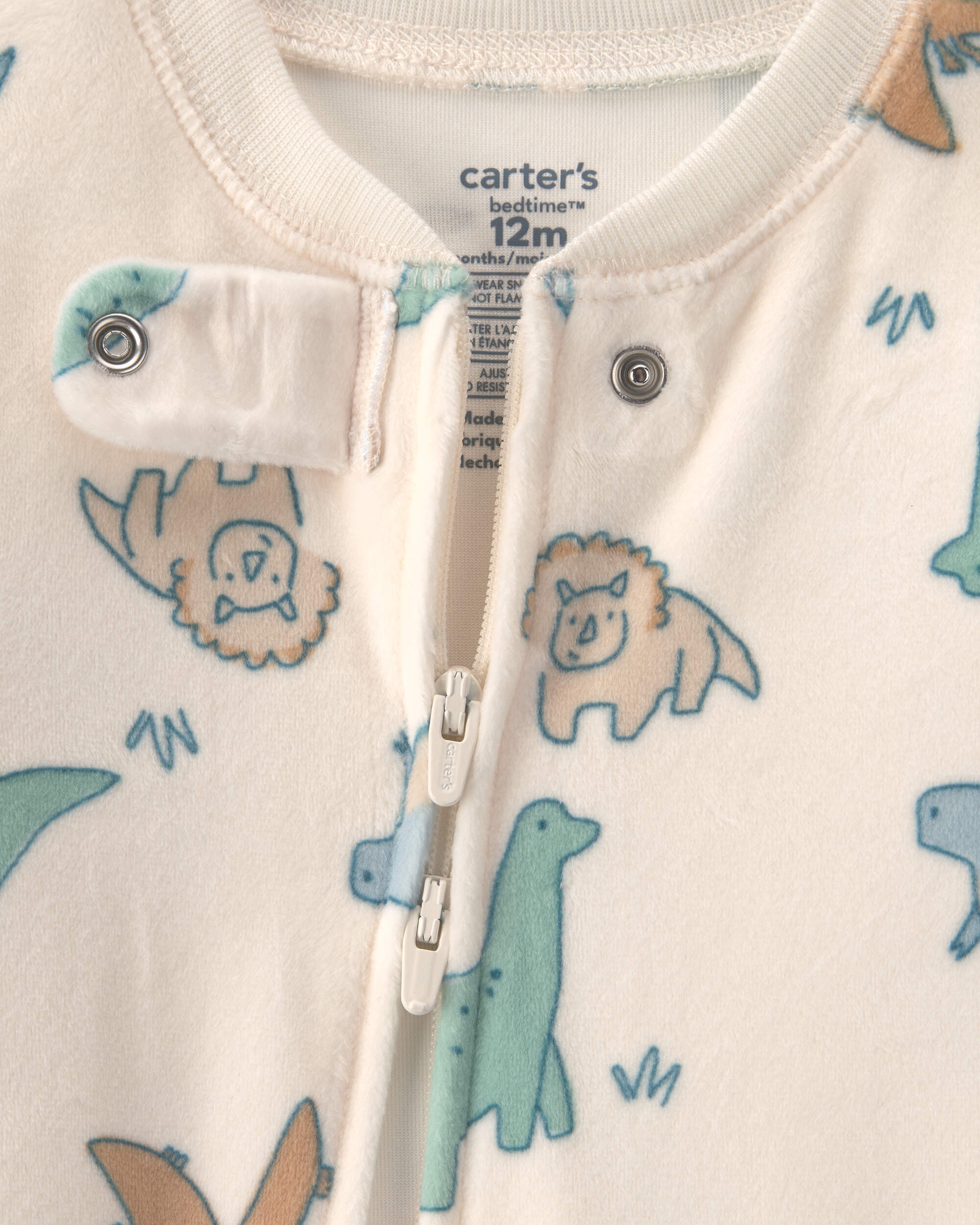 Baby Boy 1-Piece Dino 2-Way Zip DreamPlush Snug Fit Footed Pyjama - Cream