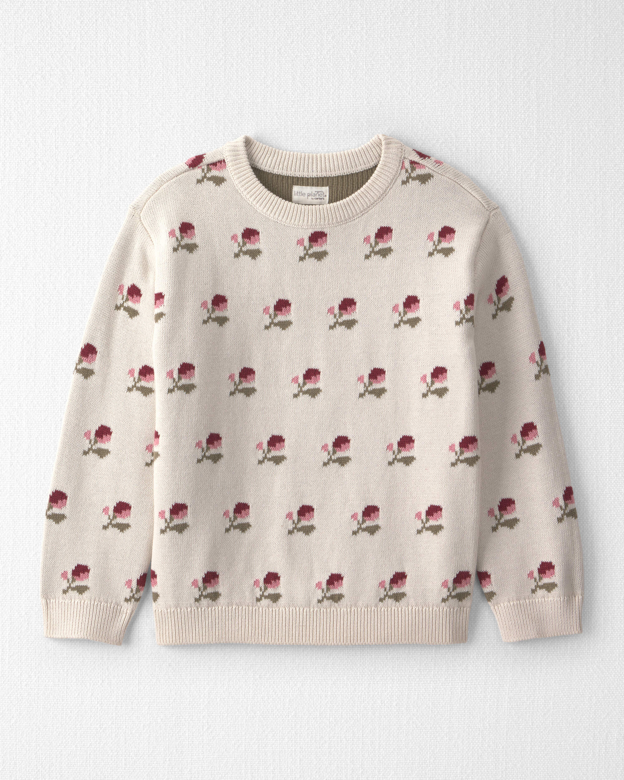 Girls Organic Cotton Sweater Knit Pullover Floral Jacquard