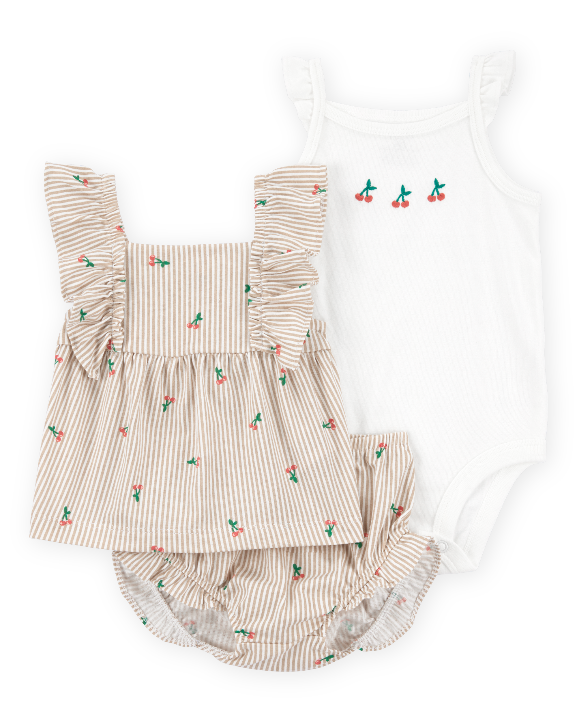 Baby 3-Piece Striped Cherry Print  Outfit Set - White/Pink