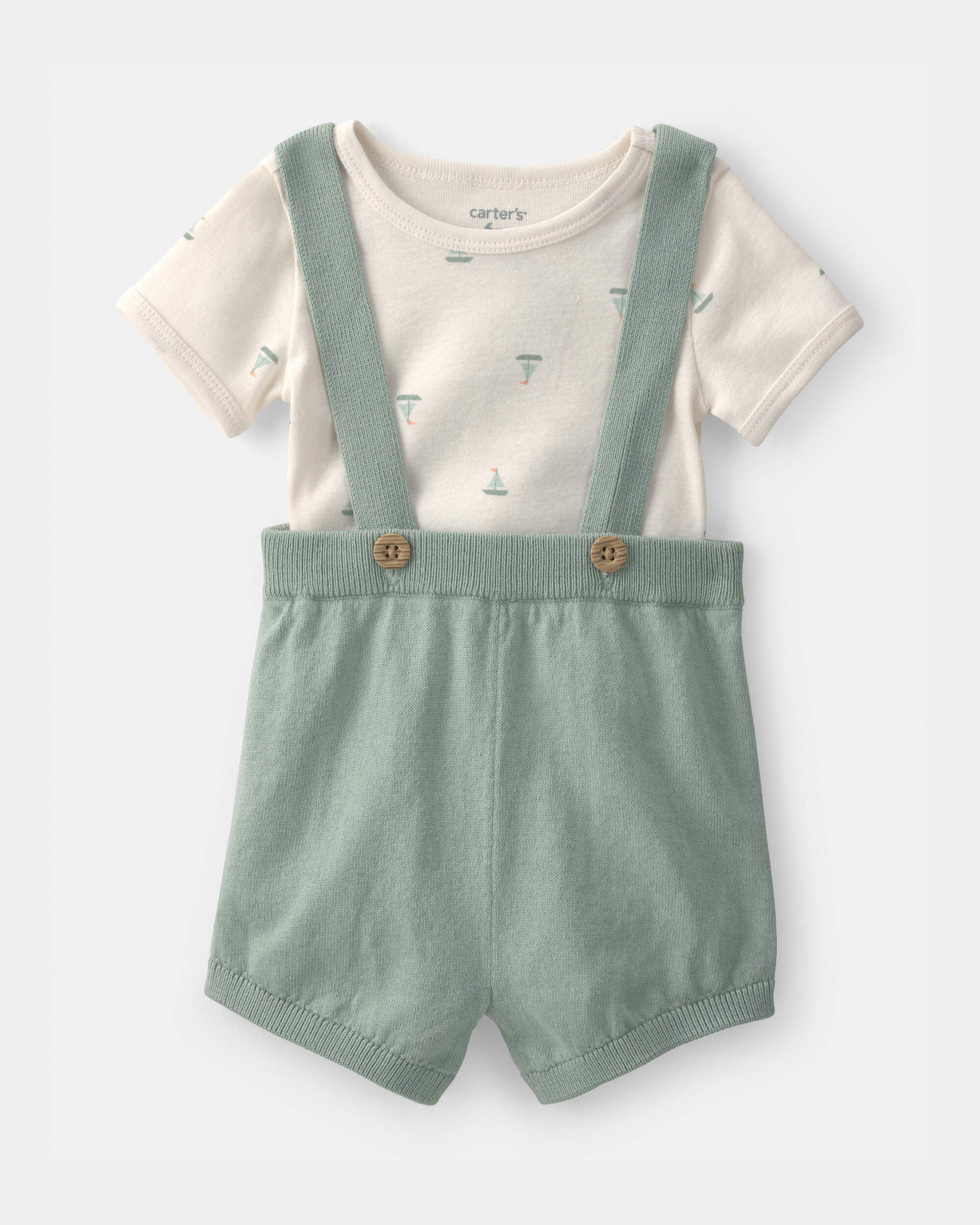Baby 2-Piece Sailboat Overall Set - Green/Ivory
