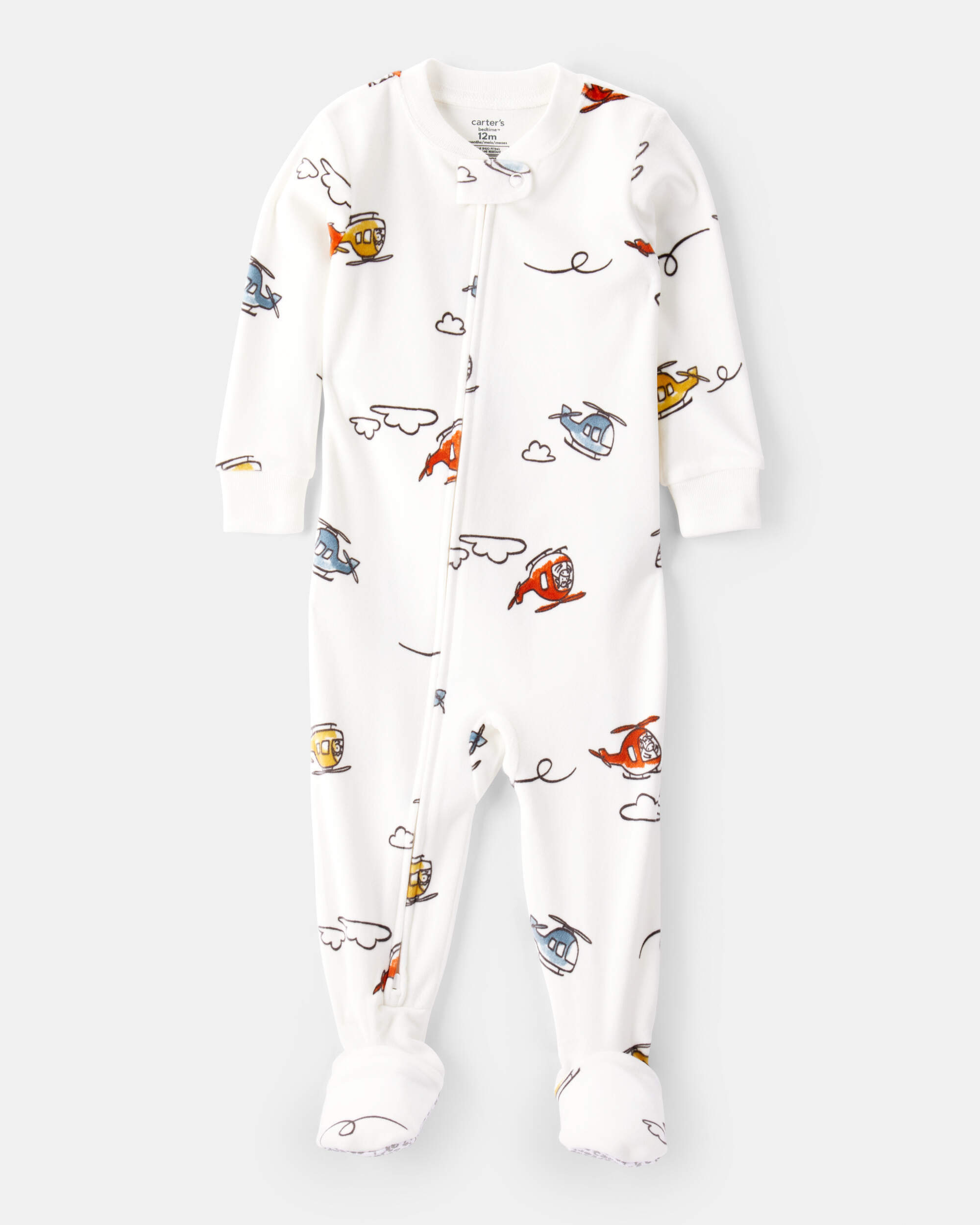 Toddler Boy Helicopter Print DreamPlush Snug Fit Long-Sleeve 2-Way Zip 1-Piece Pyjamas - White