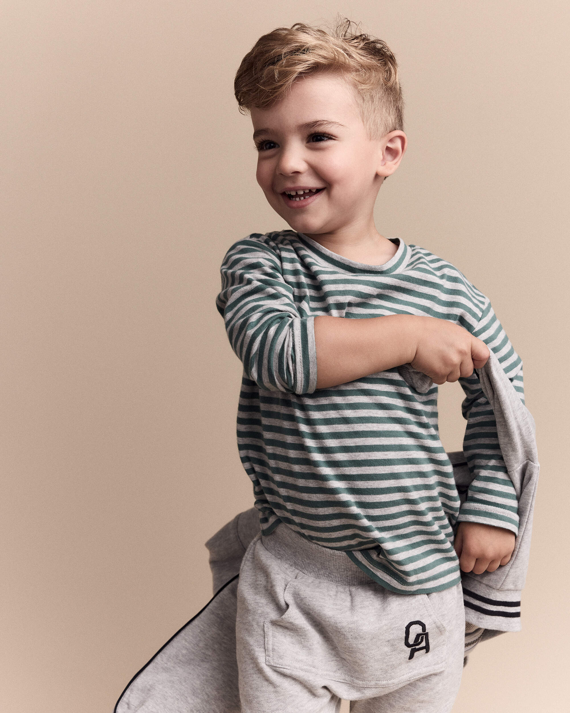 Toddler Striped Long-Sleeve Relaxed Tee - Green/Heather Grey