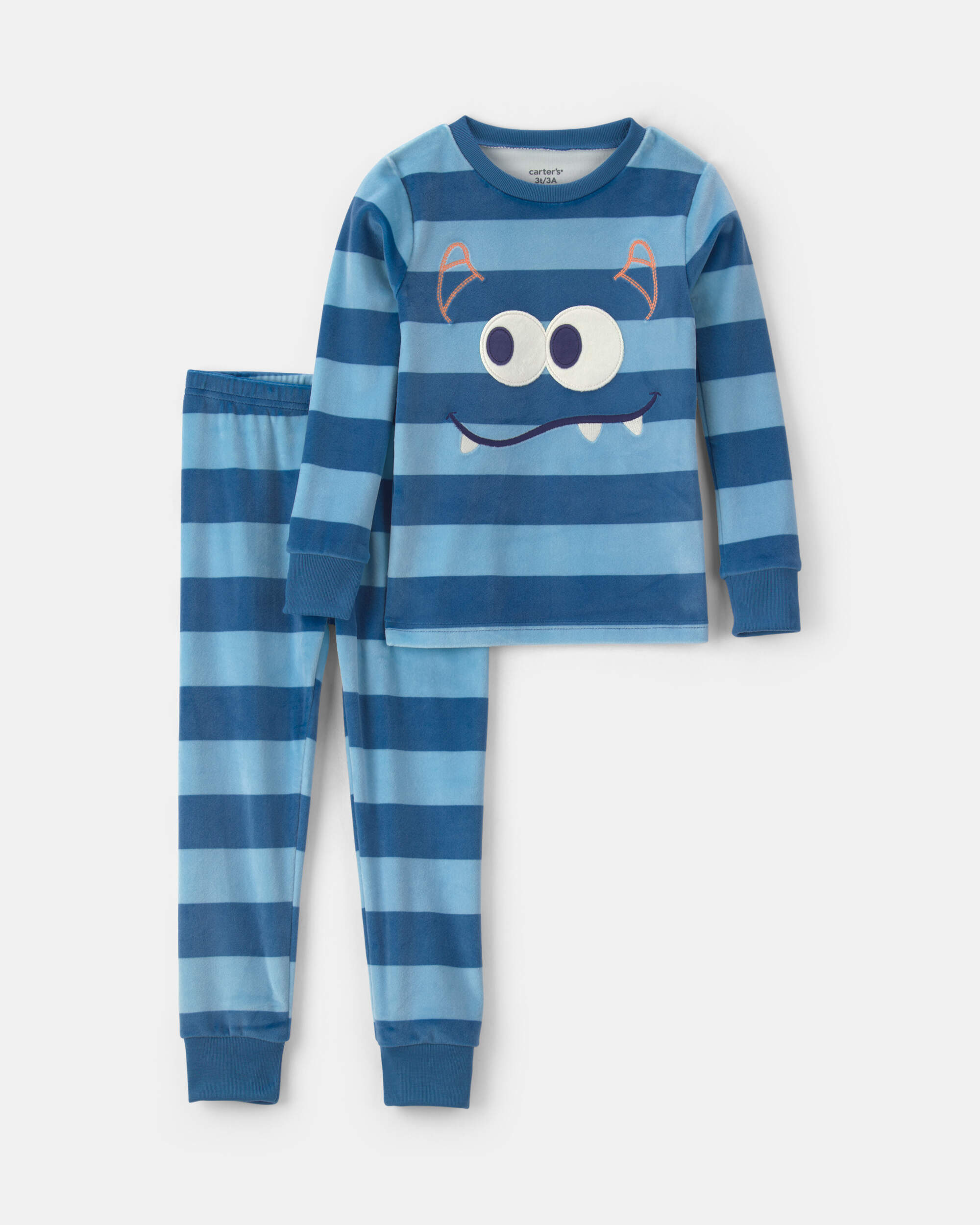 Toddler Boy 2-Piece Monster Striped DreamPlush Snug Fit Pyjama Set - Blue