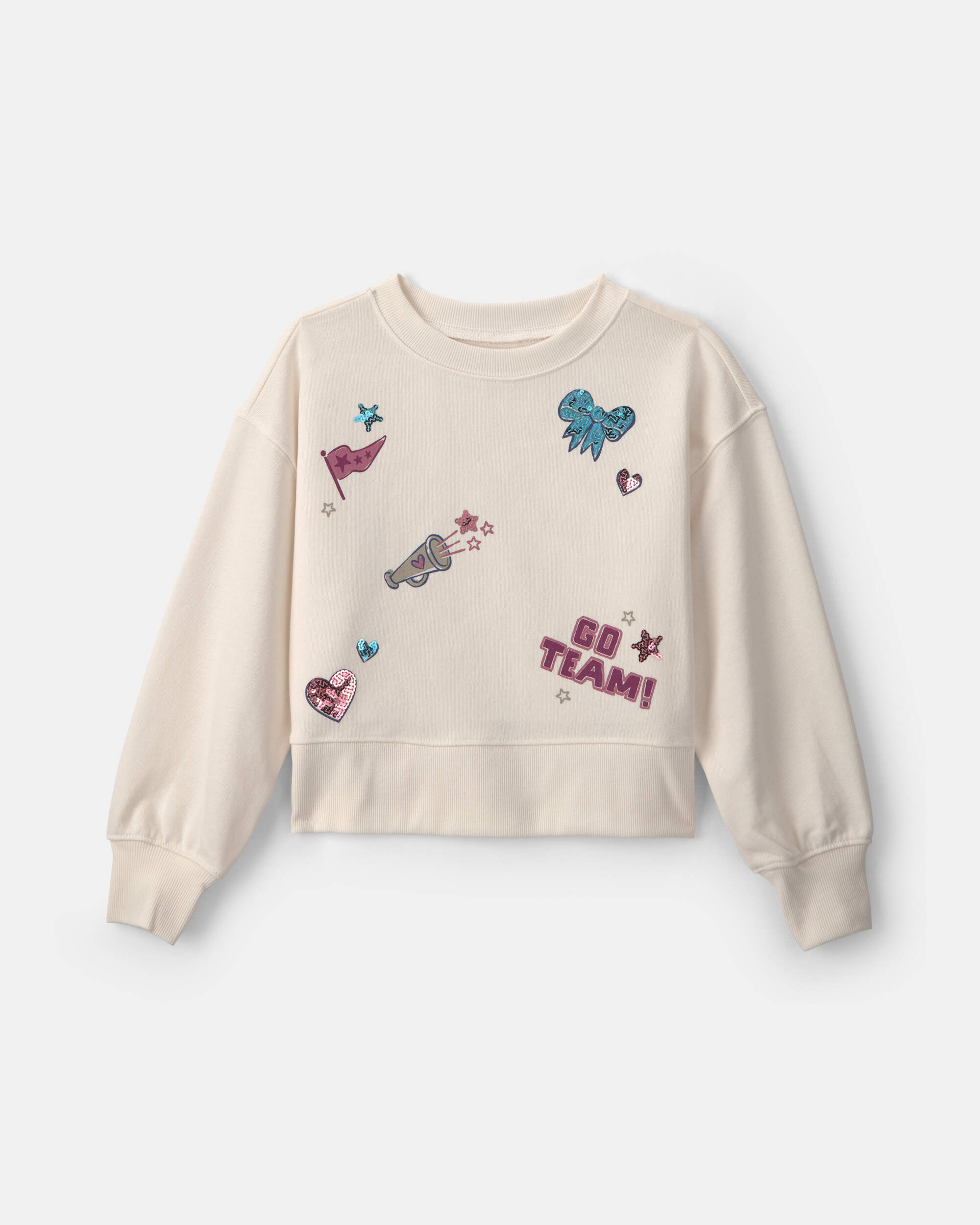 Girls 'Go Team!' French Terry Long-Sleeve Pullover Sweatshirt - Cream