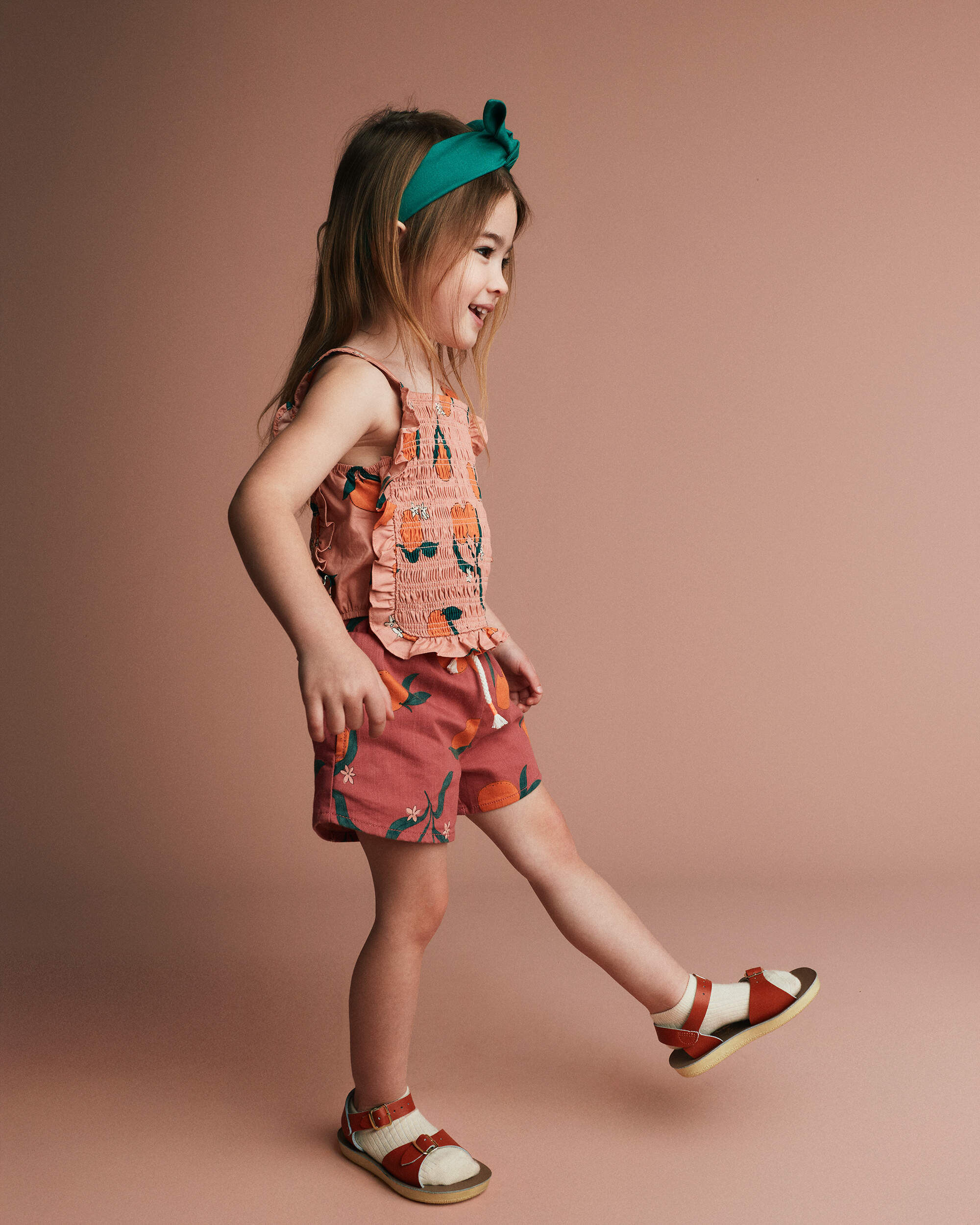 Toddler Girl Smocked Bib Top Clementine Grove Print - Peach