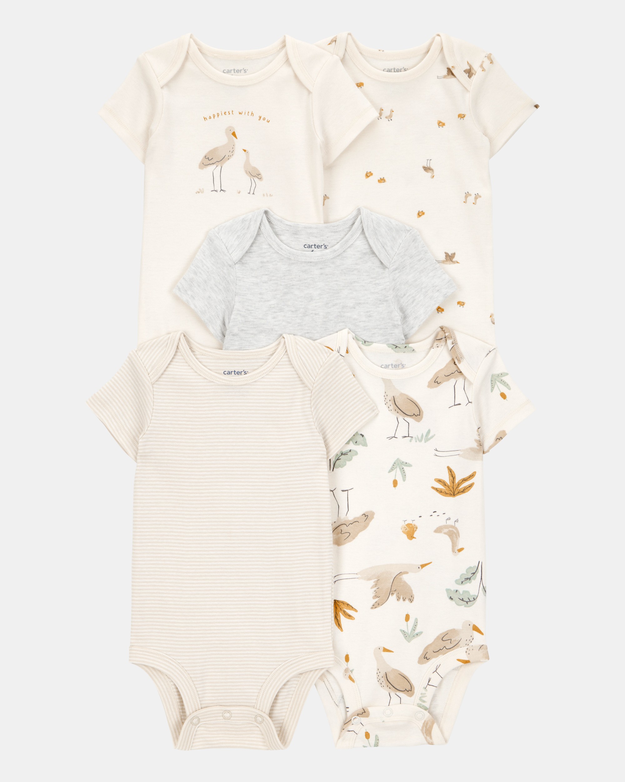 Baby 5-Pack Striped Birds Short-Sleeve Cotton Bodysuits