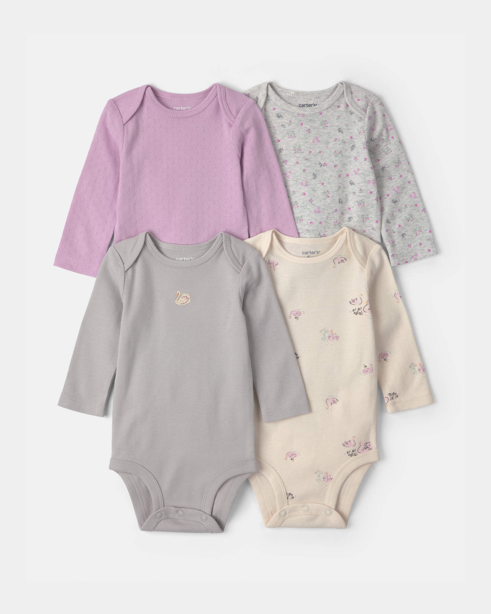 Baby Girl 4-Pack Swan Floral Long-Sleeve Bodysuits - Grey/Purple/Ivory