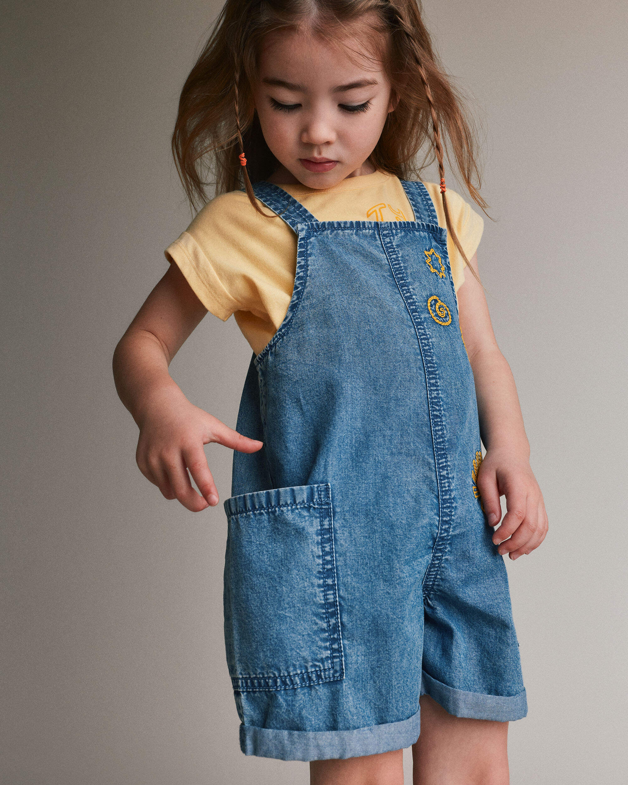 Toddler Embroidered Shortall with Pockets Chambray