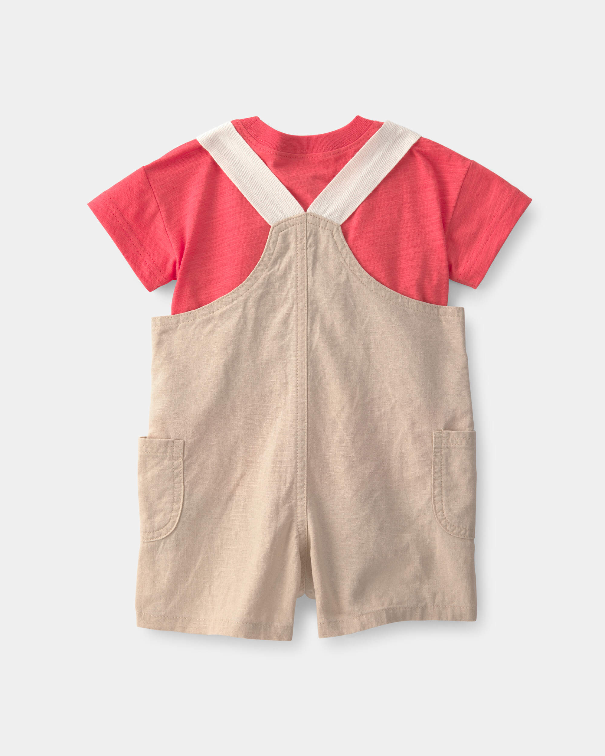 Baby Boy 2-Piece Solid Overall Set - Coral/Tan