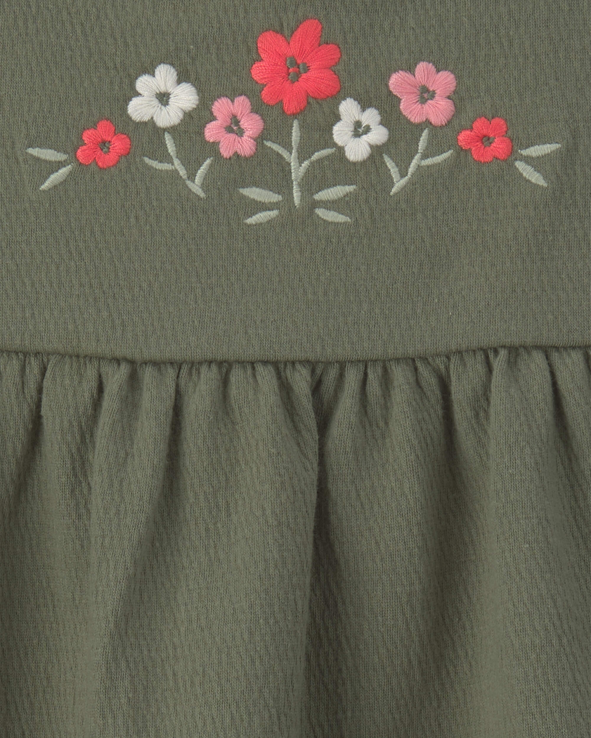 Baby Girl Flower Embroidered Sleeveless Dress - Olive