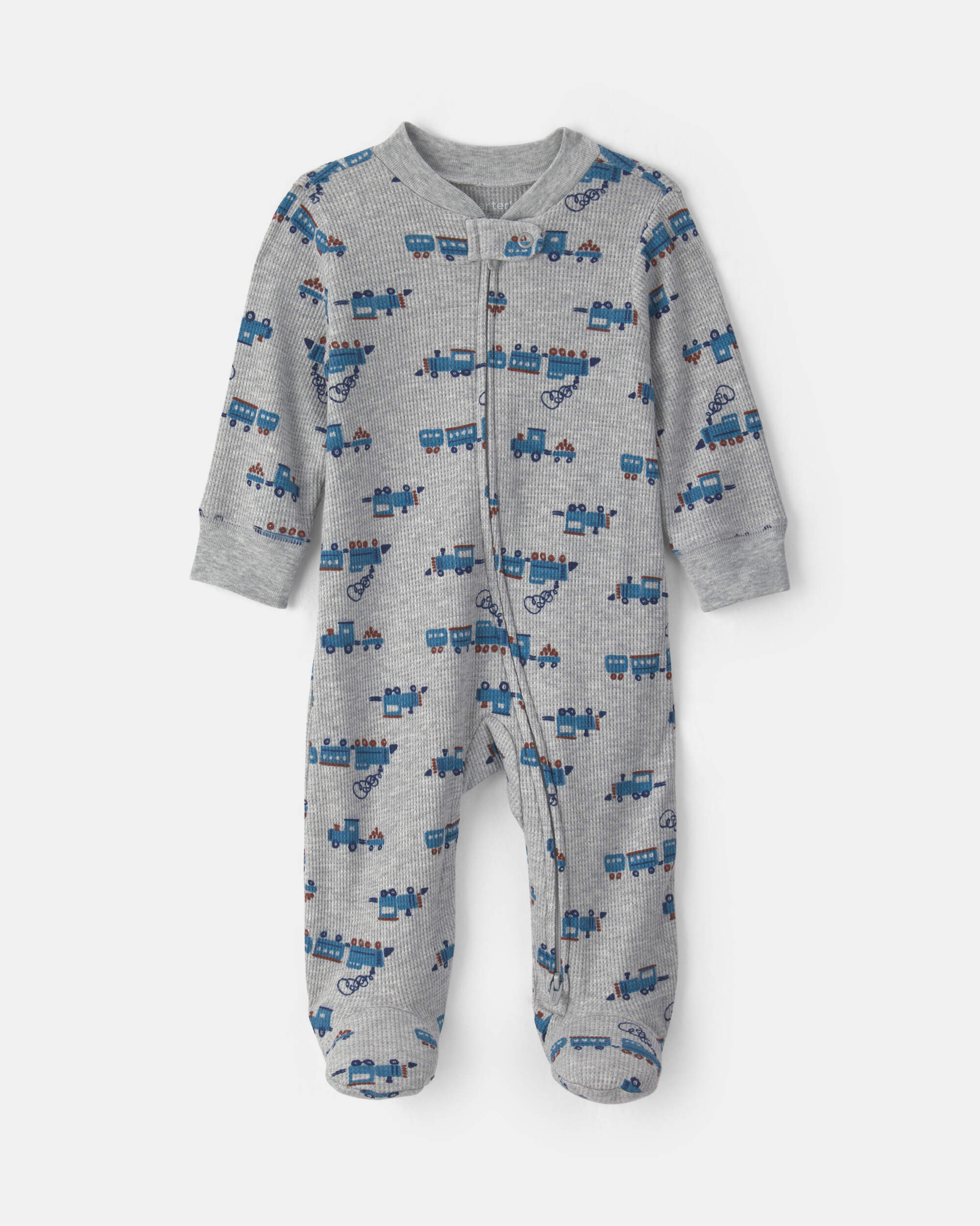 Baby Boy Train Cotton 2-Way Zip Thermal Sleeper - Grey