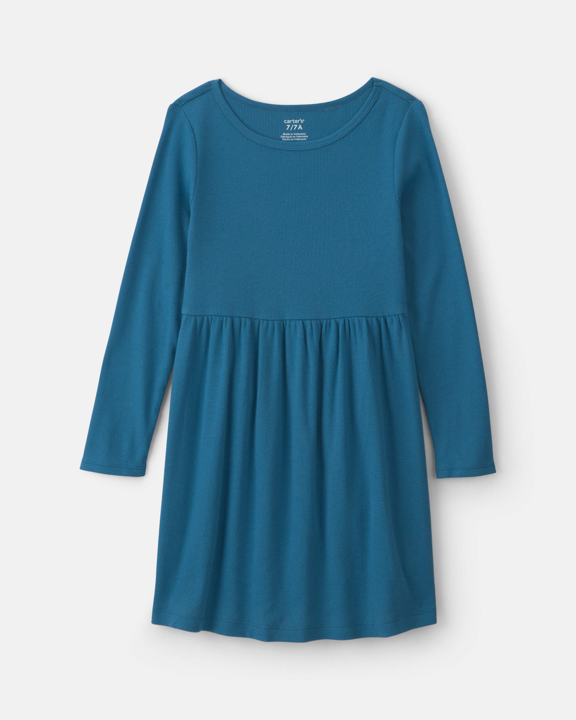 Girls Rib Long-Sleeve Dress - Blue