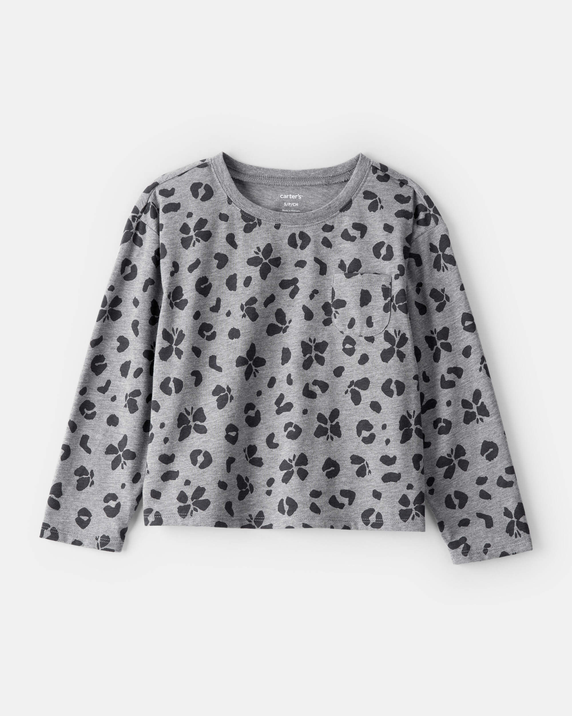 Girls Butterfly Leopard Pocket Tee - Grey