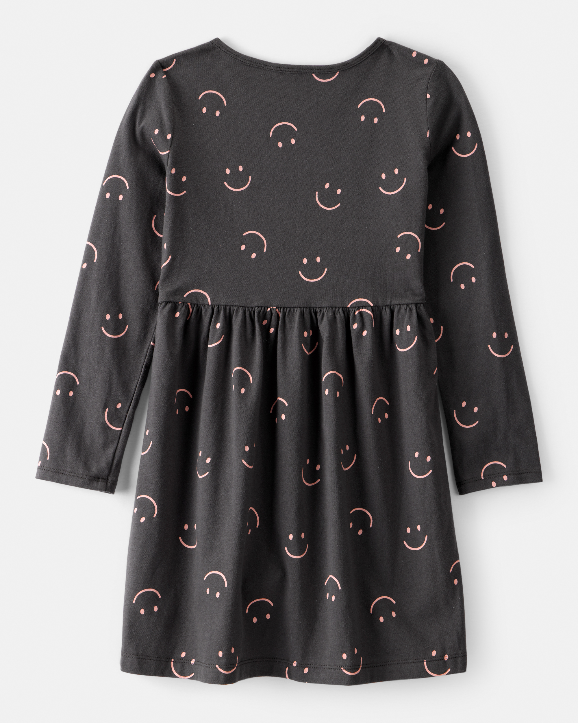 Girls Smile Print Long Sleeve Cotton Dress - Black